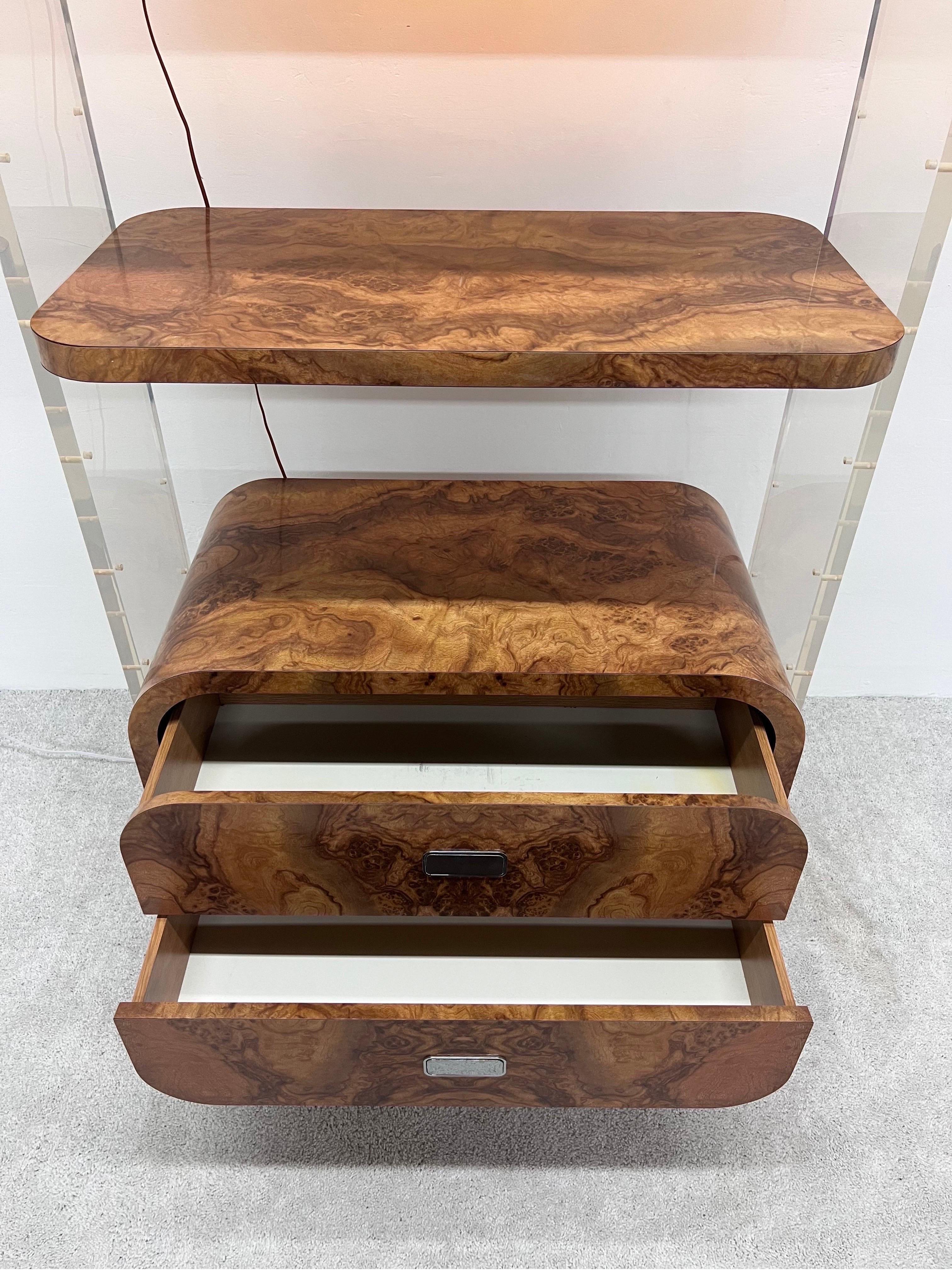 American Mid-Century Faux Burlwood Veneer and Lucite Bookcase or Etagere, 1970s