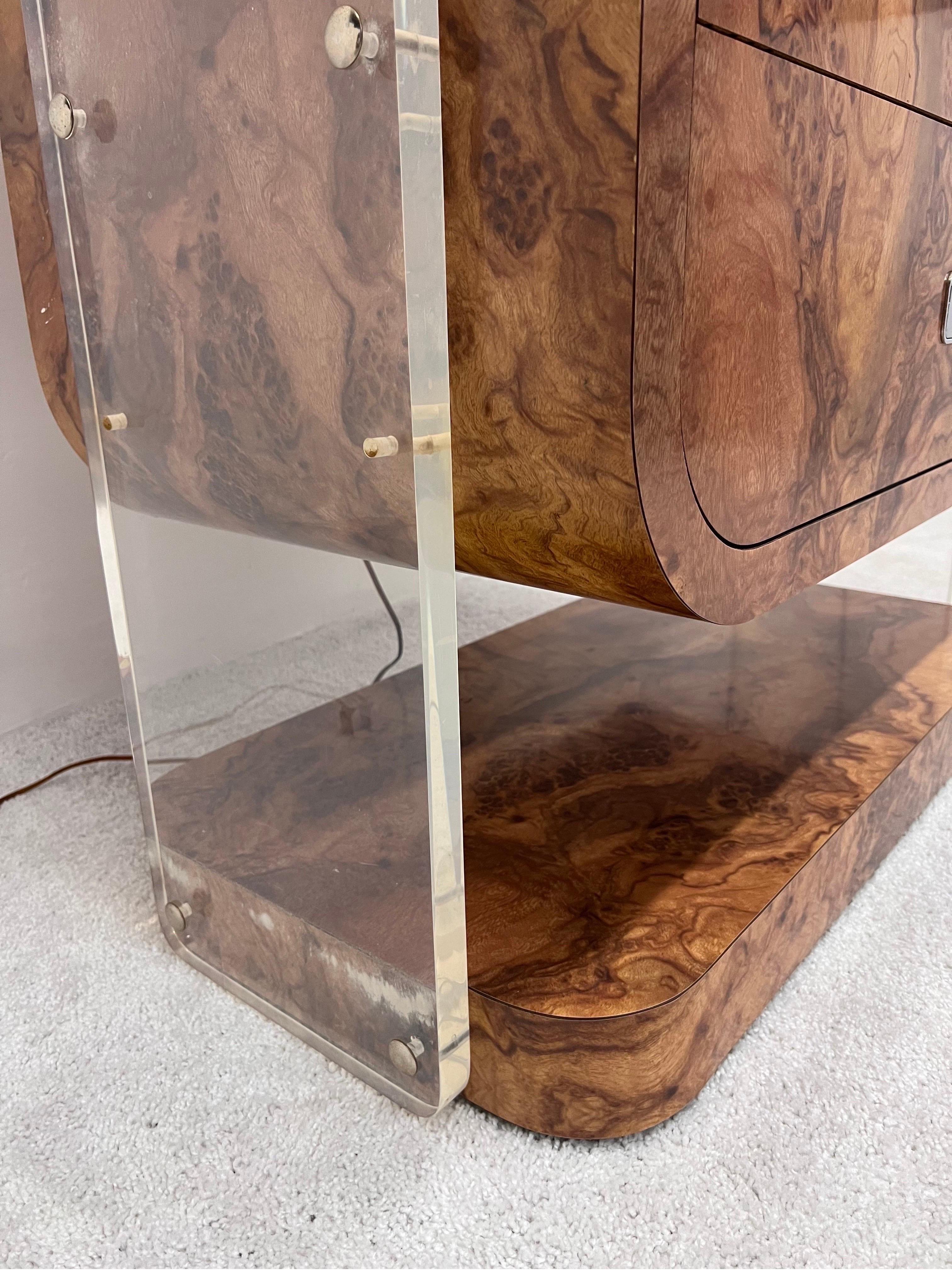 Mid-Century Faux Burlwood Veneer and Lucite Bookcase or Etagere, 1970s 1