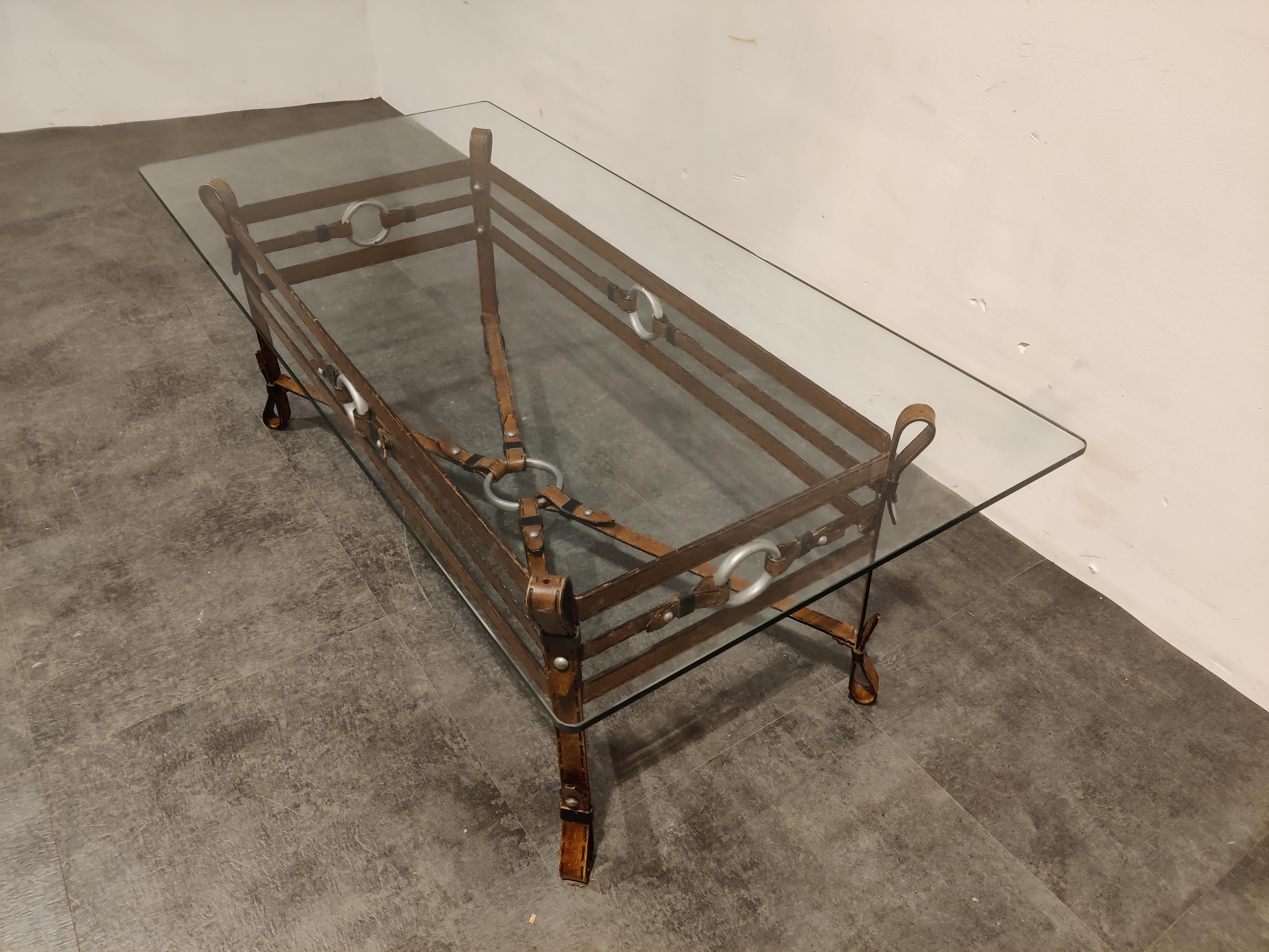 Glass Mid Century Faux Leather Coffee Table in the Manner of Jacques Adnet, 1960s
