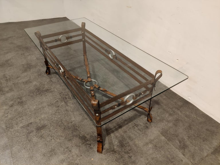 Glass Mid Century Faux Leather Coffee Table in the Manner of Jacques Adnet, 1960s For Sale