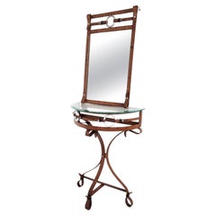 Mid Century Faux Leather Console Table with Mirror in the Manner of Jacques Adne