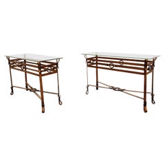 Mid Century Faux Leather Console Tables in the Manner of Jacques Adnet, 1960s Vintage Mid Century Faux Leather Console Tables in the Manner of Jacques Adnet, 1960s
