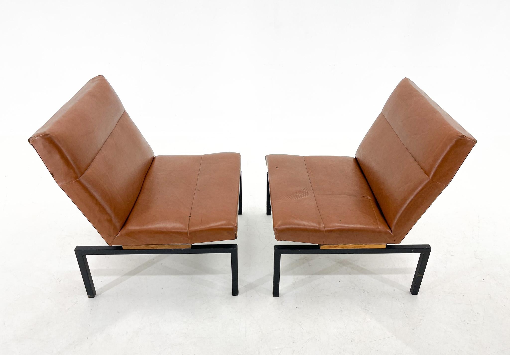 Mid-Century Modern Midcentury Faux Leather & Metal Lounge Chairs, 2 Pieces Available For Sale