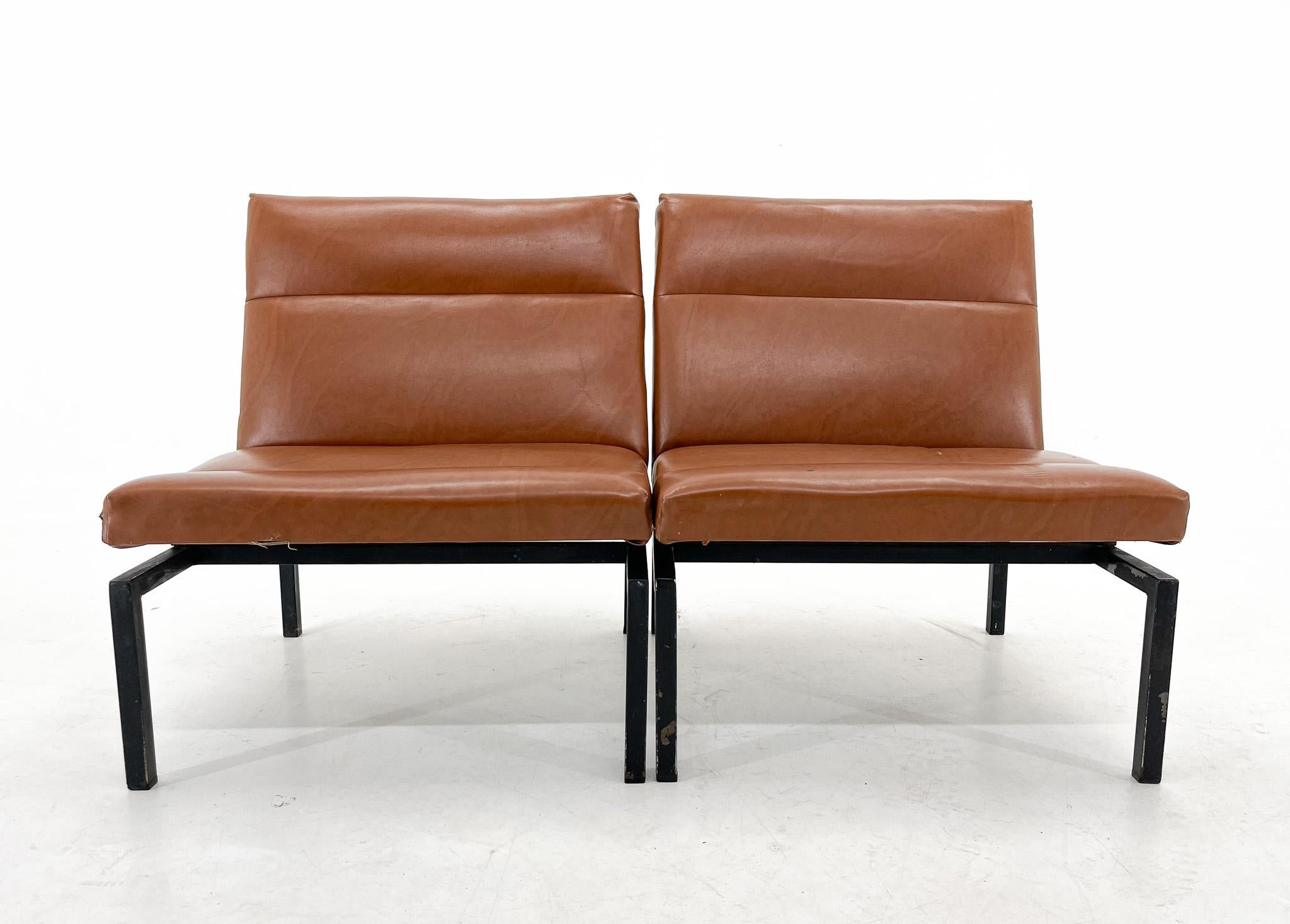 Czech Midcentury Faux Leather & Metal Lounge Chairs, 2 Pieces Available For Sale