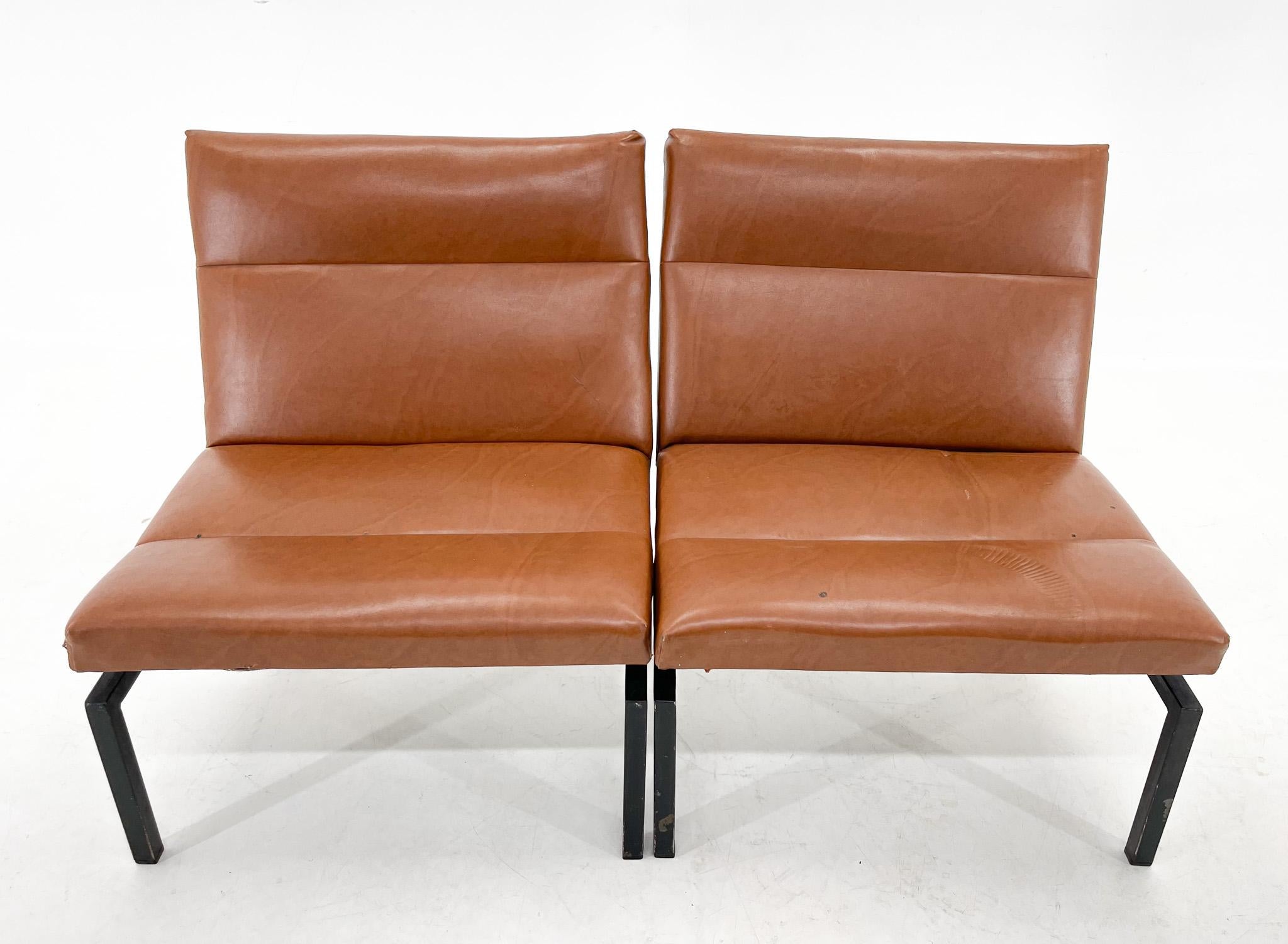 20th Century Midcentury Faux Leather & Metal Lounge Chairs, 2 Pieces Available For Sale