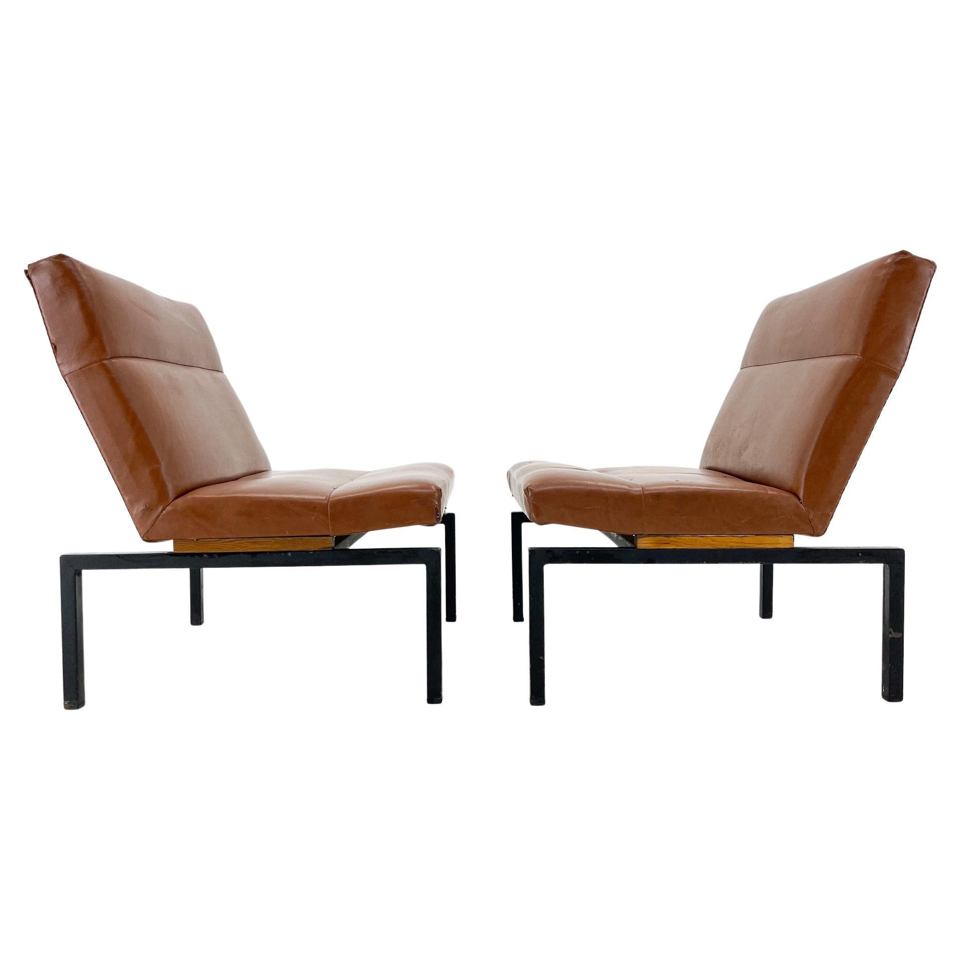 Midcentury Faux Leather & Metal Lounge Chairs, 2 Pieces Available