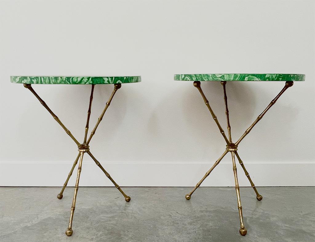 Hollywood Regency Mid-Century Faux Malachite Painted Brass Tripod Tables, a Pair For Sale