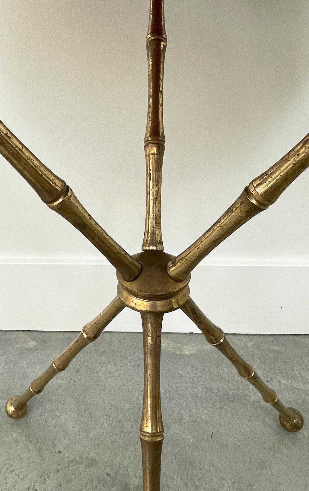 American Mid-Century Faux Malachite Painted Brass Tripod Tables, a Pair For Sale