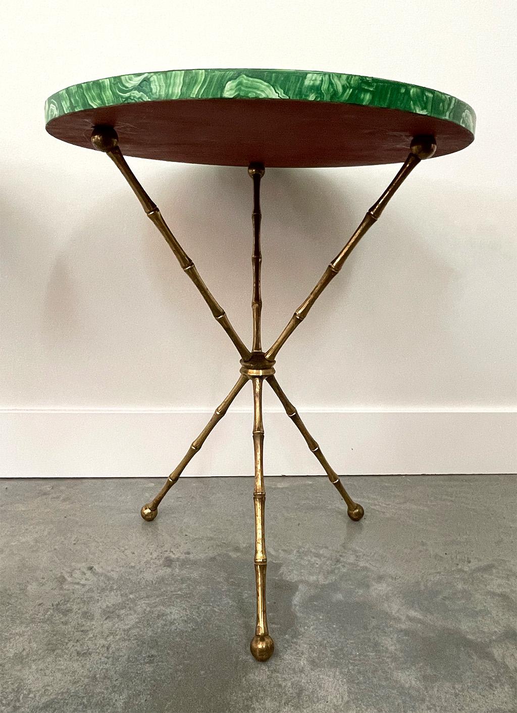 Mid-Century Faux Malachite Painted Brass Tripod Tables, a Pair In Good Condition For Sale In Wichita, KS