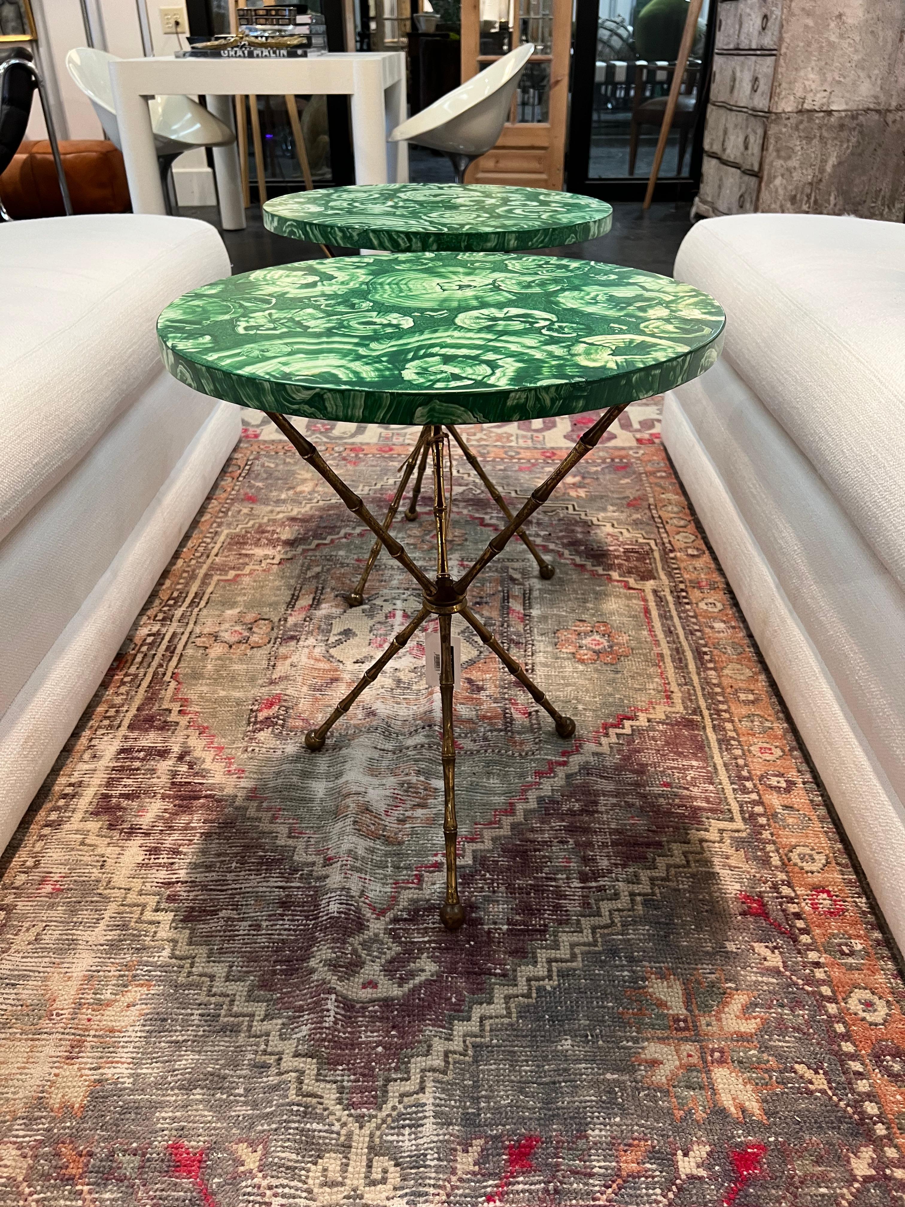 Mid-Century Faux Malachite Painted Brass Tripod Tables, a Pair For Sale 1