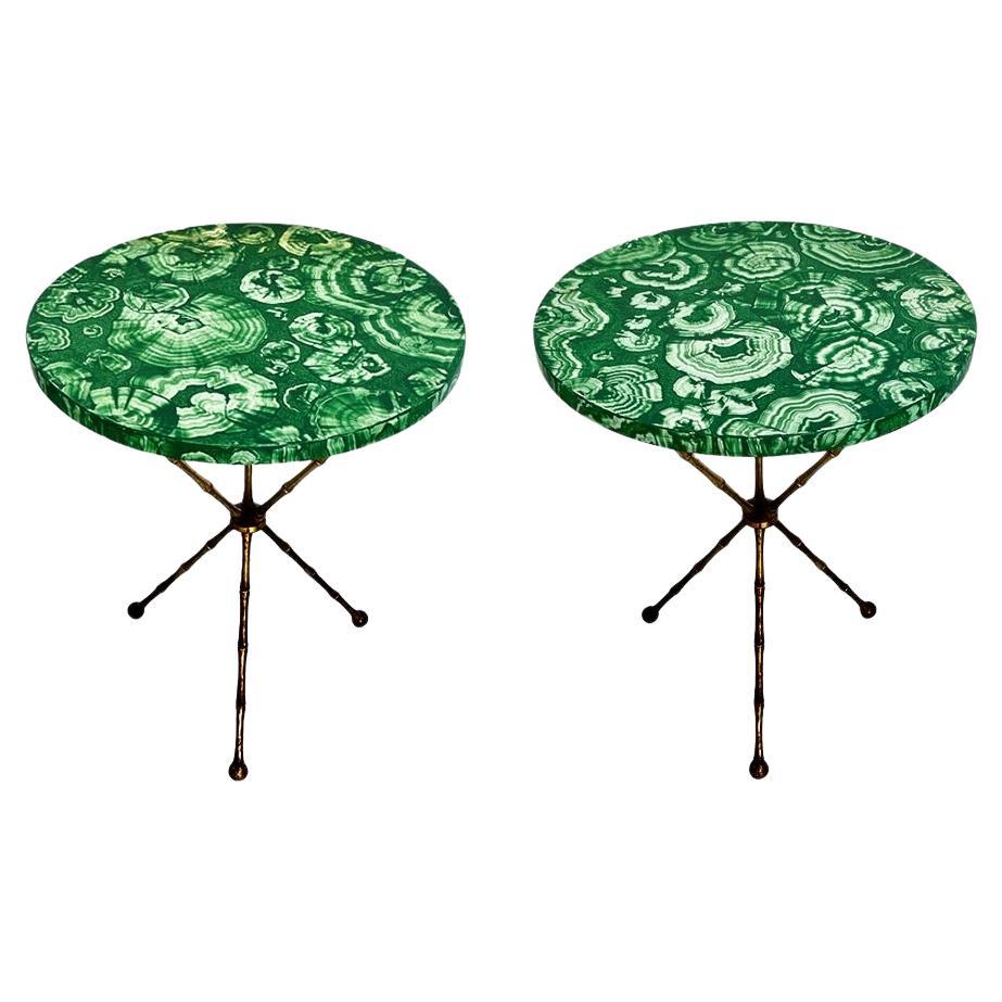 Mid-Century Faux Malachite Painted Brass Tripod Tables, a Pair