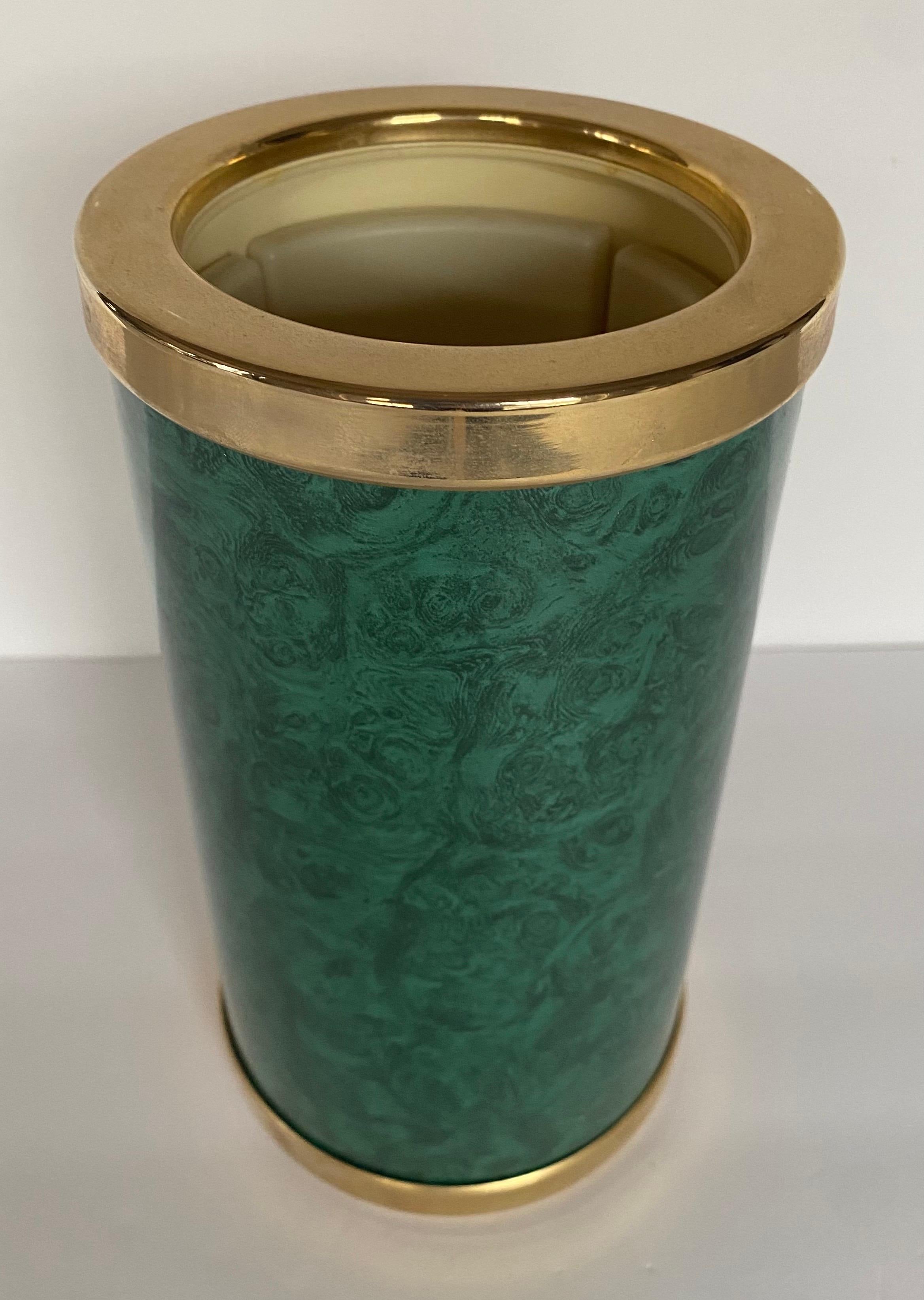 Midcentury faux malachite wine or champagne bottle chiller featuring a faux malachite design with gold trim detailing. Four interior panels hold water and can be frozen for chilling. Made in France.