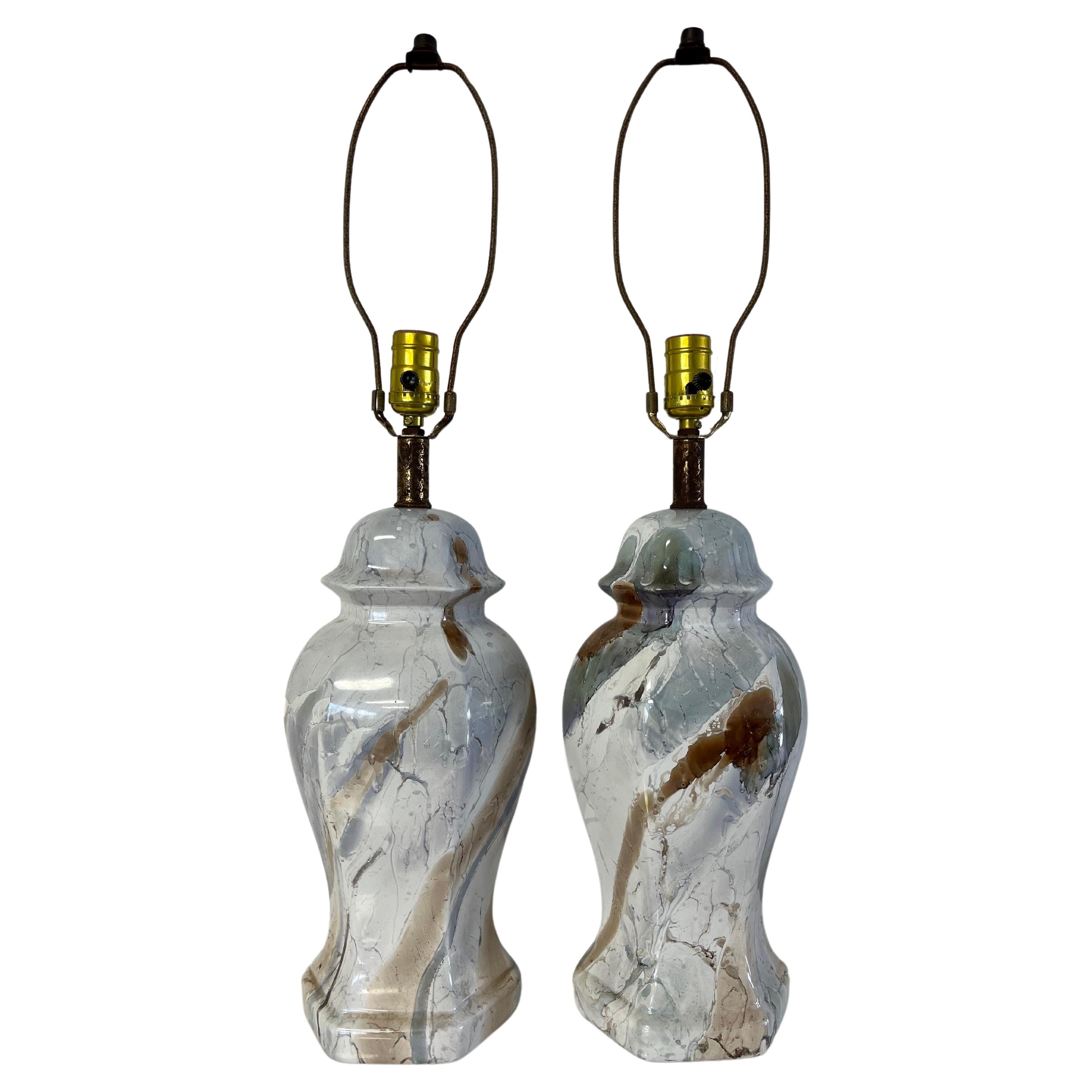 Mid Century Faux Marble Ginger Jar Table Lamps