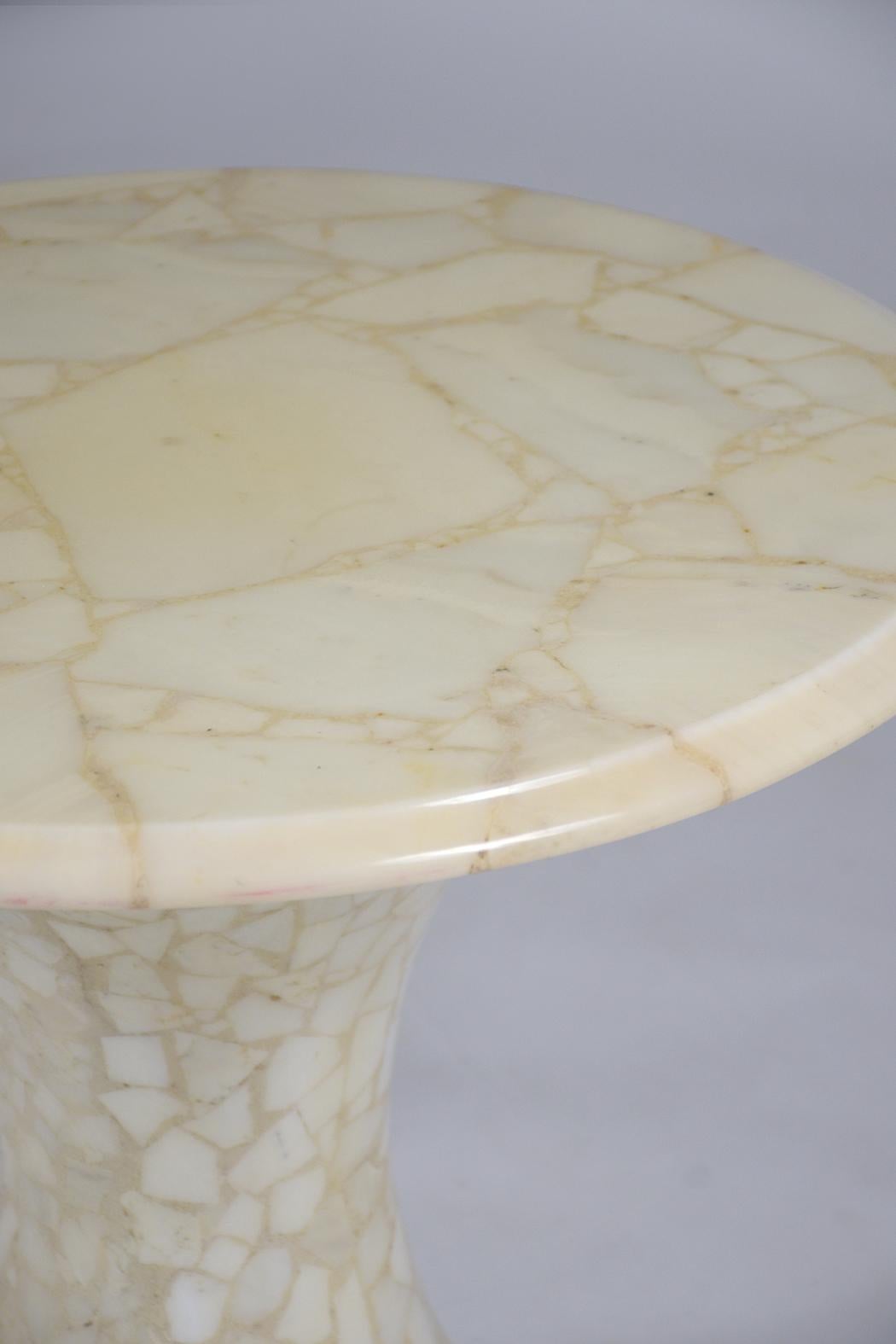 Mid-Century Modern Vintage Wood Side Table with Faux Ivory Marble Veneer & Tulip Design For Sale