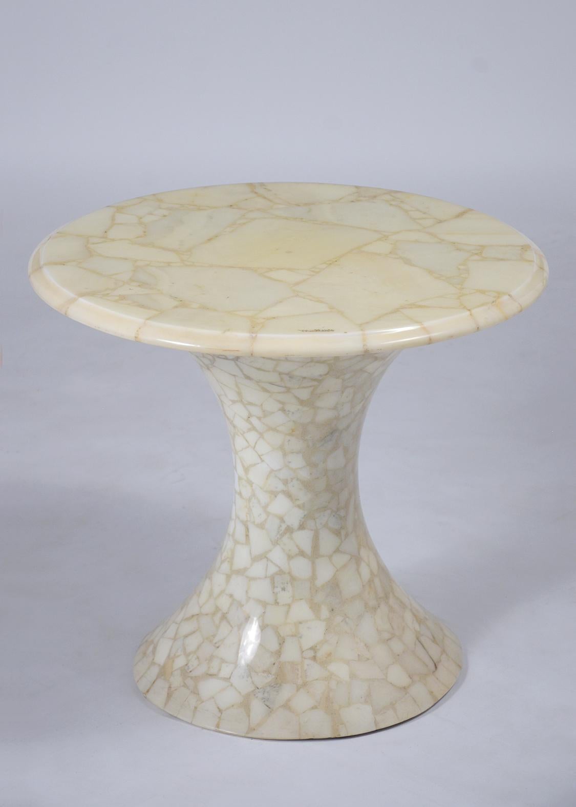 Vintage Wood Side Table with Faux Ivory Marble Veneer & Tulip Design In Good Condition For Sale In Los Angeles, CA