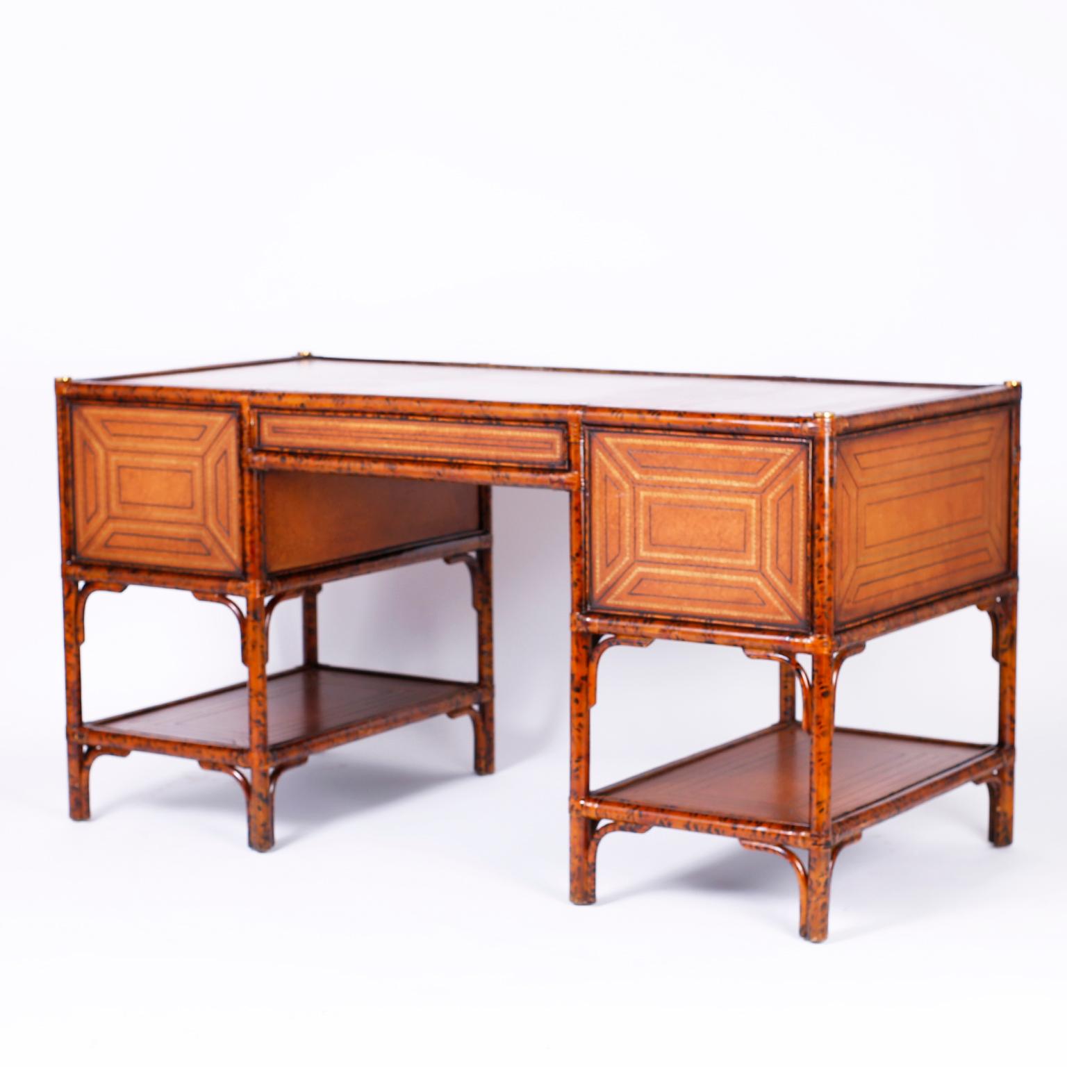 British Colonial Midcentury Faux Tortoise Leather Topped Desk by Maitland-Smith