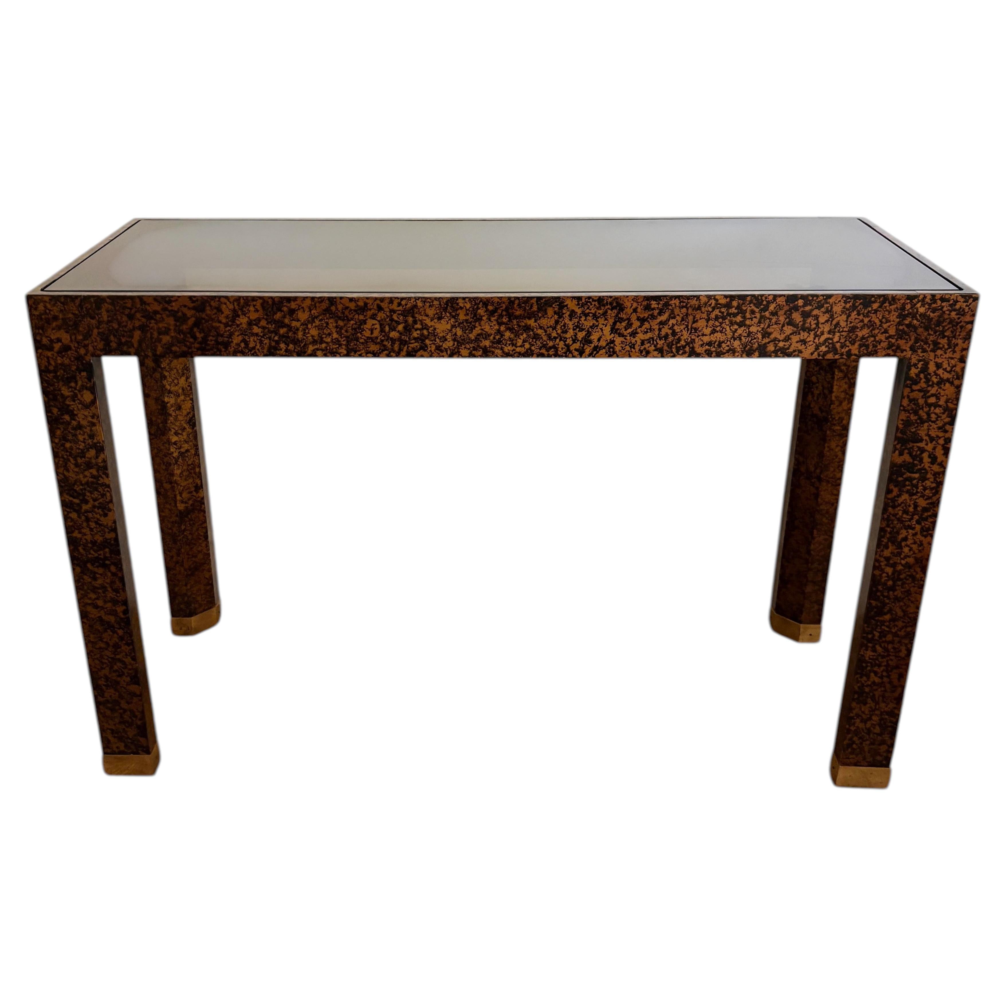 Mid-Century Faux Tortoise Shell Console Table with Black Glass by Henredon For Sale