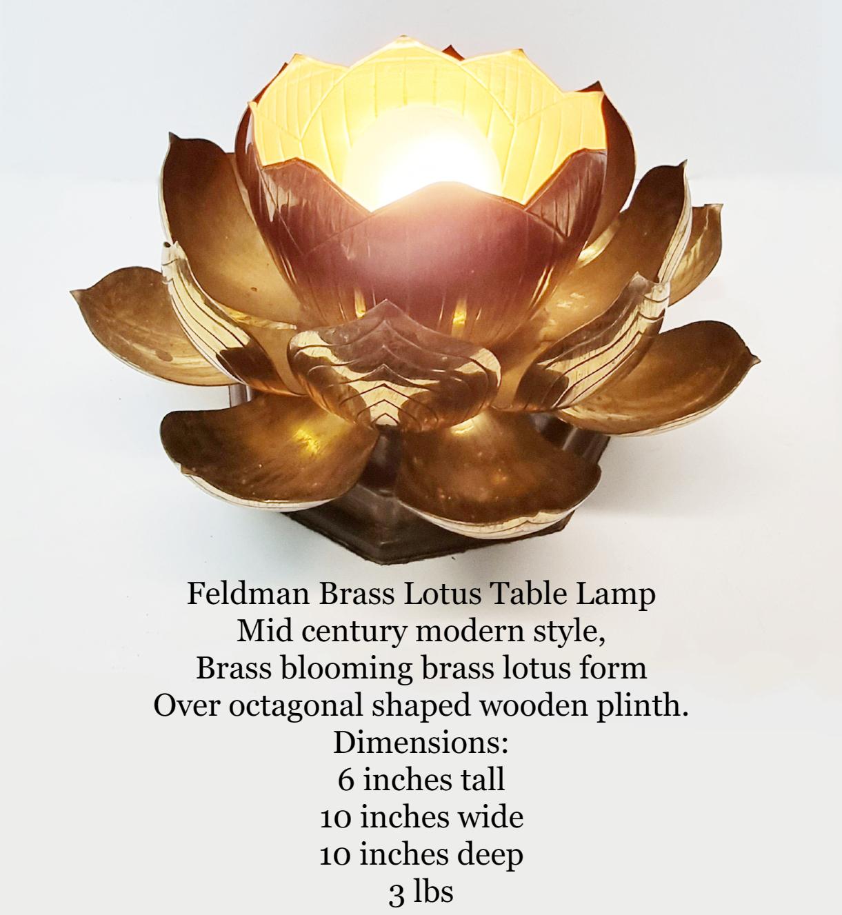 Hand-Crafted Mid Century Feldman Brass Lotus Table Lamp