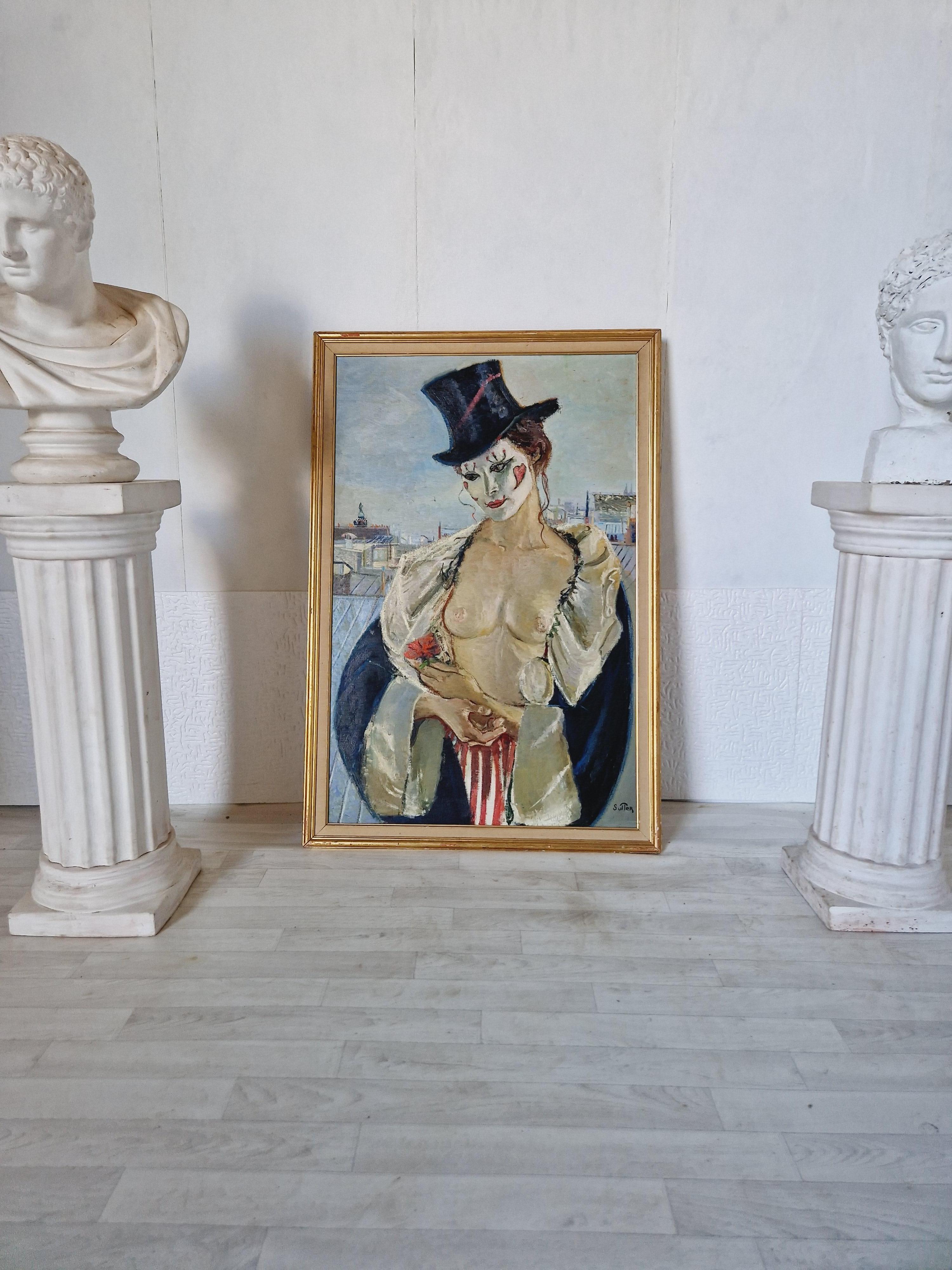 Pintura al óleo femenina de mediados de siglo sobre lienzo Mme Paris en venta 3