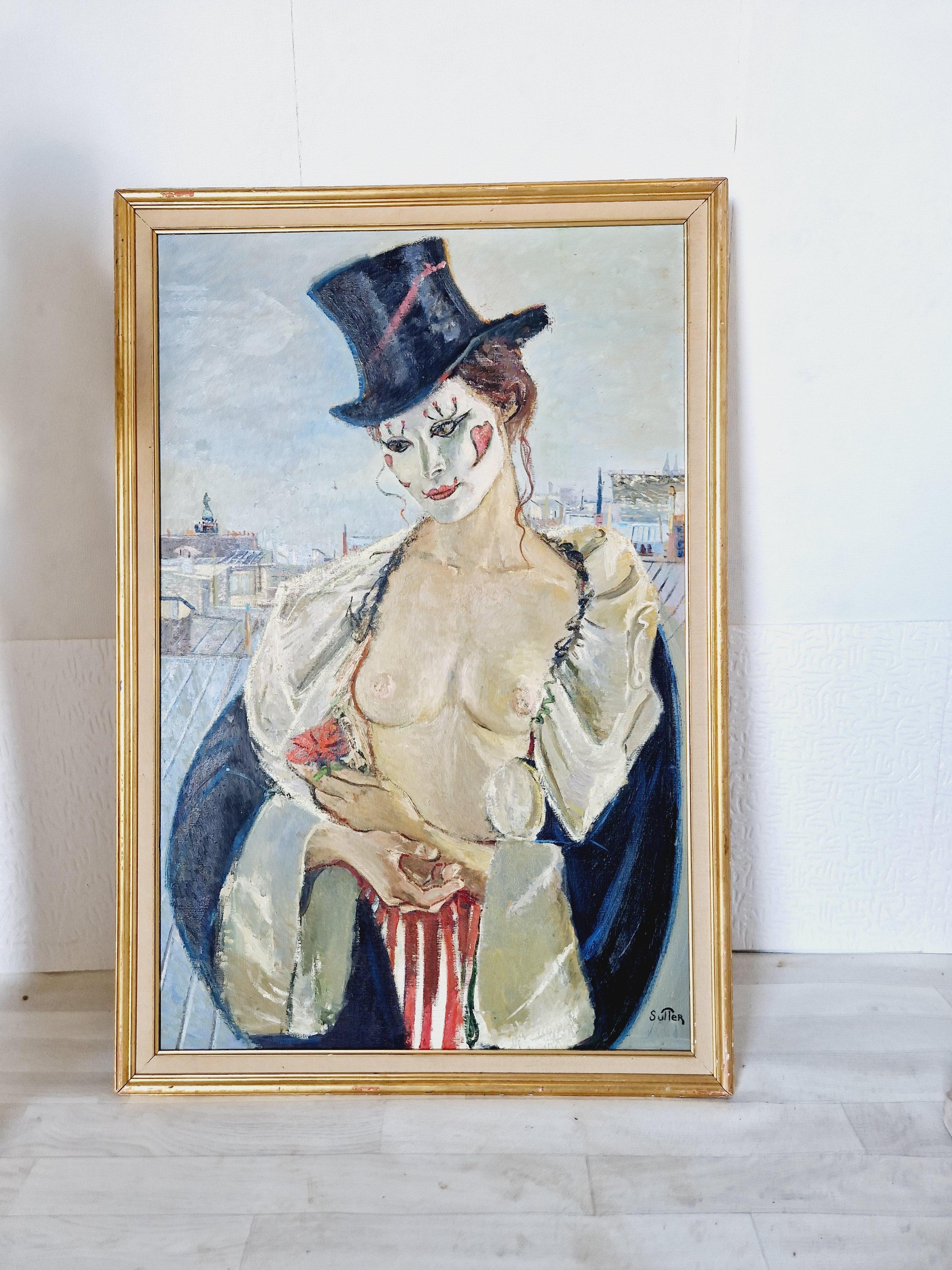 Este impresionante óleo antiguo sobre lienzo representa una bella figura femenina desnuda, pintada al estilo francés de mediados de siglo. La obra es una pieza original, firmada por el artista Sutter y enmarcada en un tamaño grande y tradicional. El