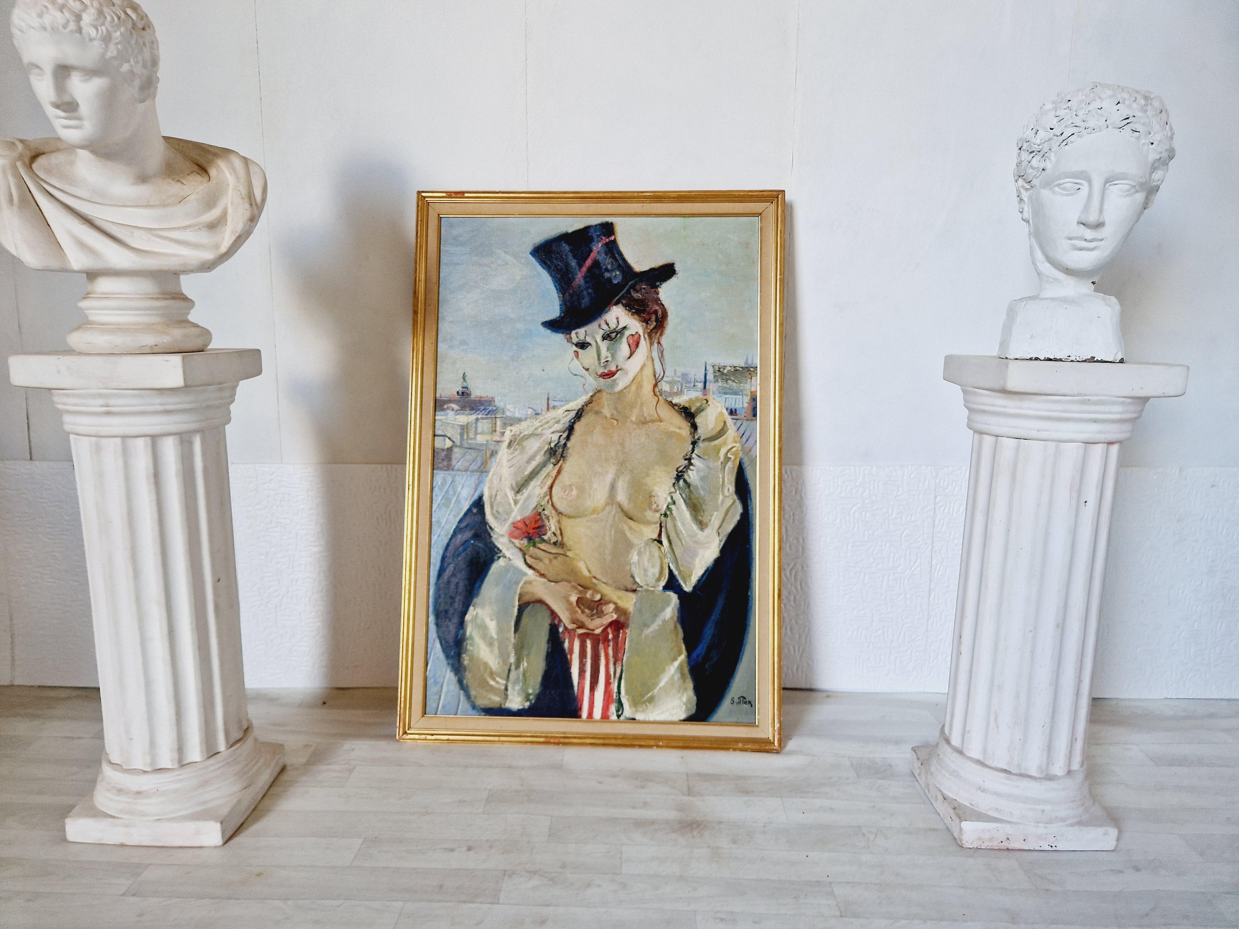 Pintura al óleo femenina de mediados de siglo sobre lienzo Mme Paris Art Decó en venta