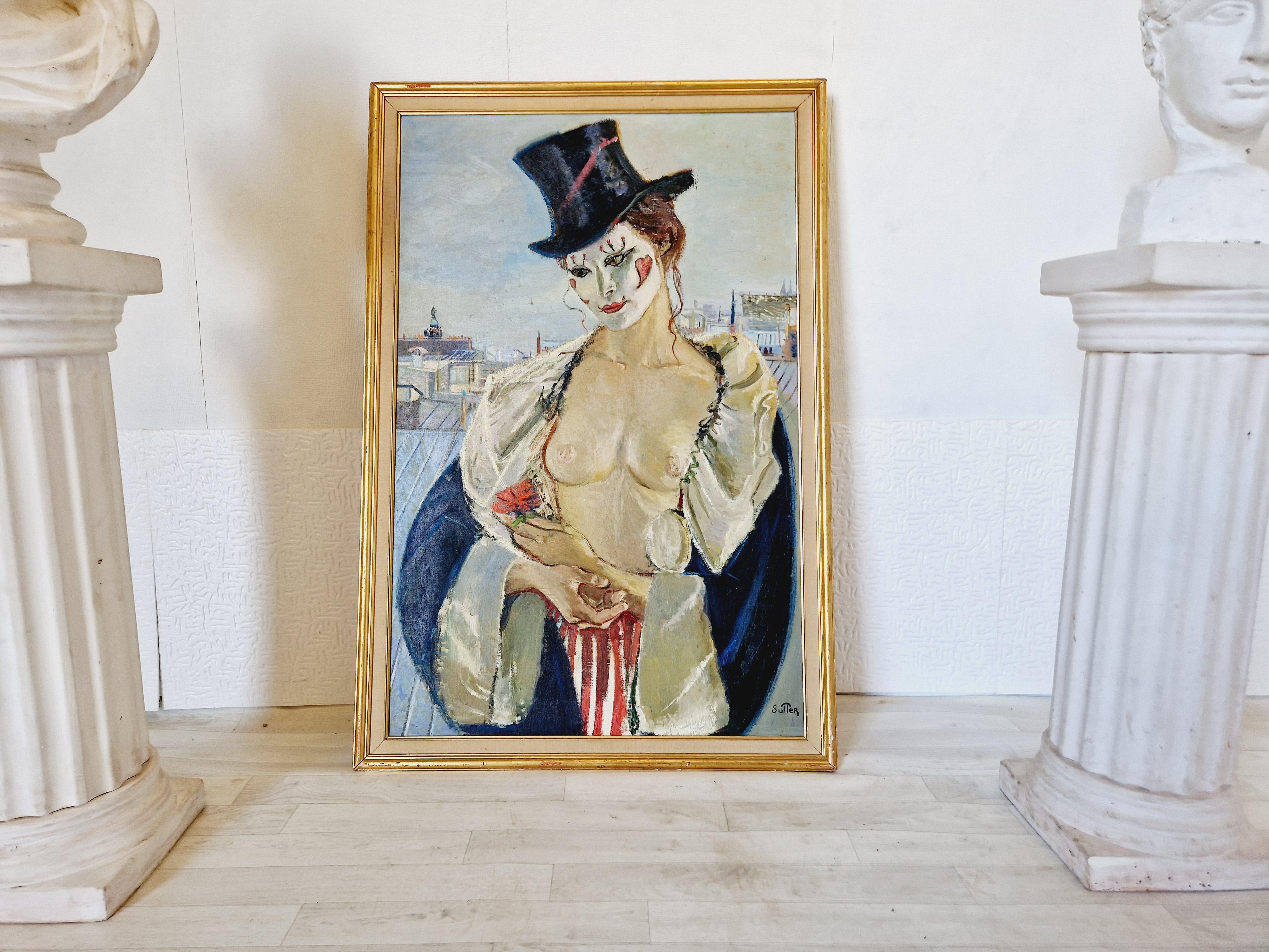 Pintura al óleo femenina de mediados de siglo sobre lienzo Mme Paris Francés en venta