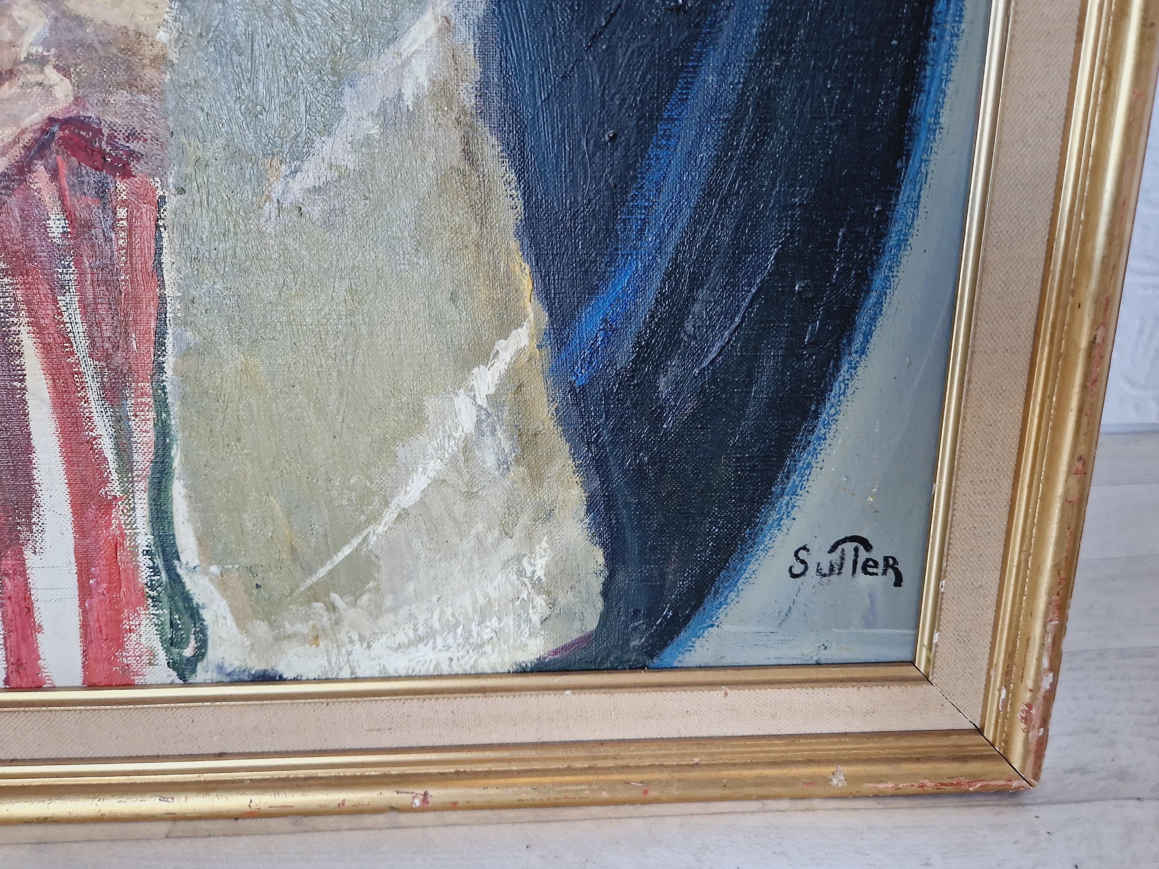 Pintura al óleo femenina de mediados de siglo sobre lienzo Mme Paris Pintado a mano en venta