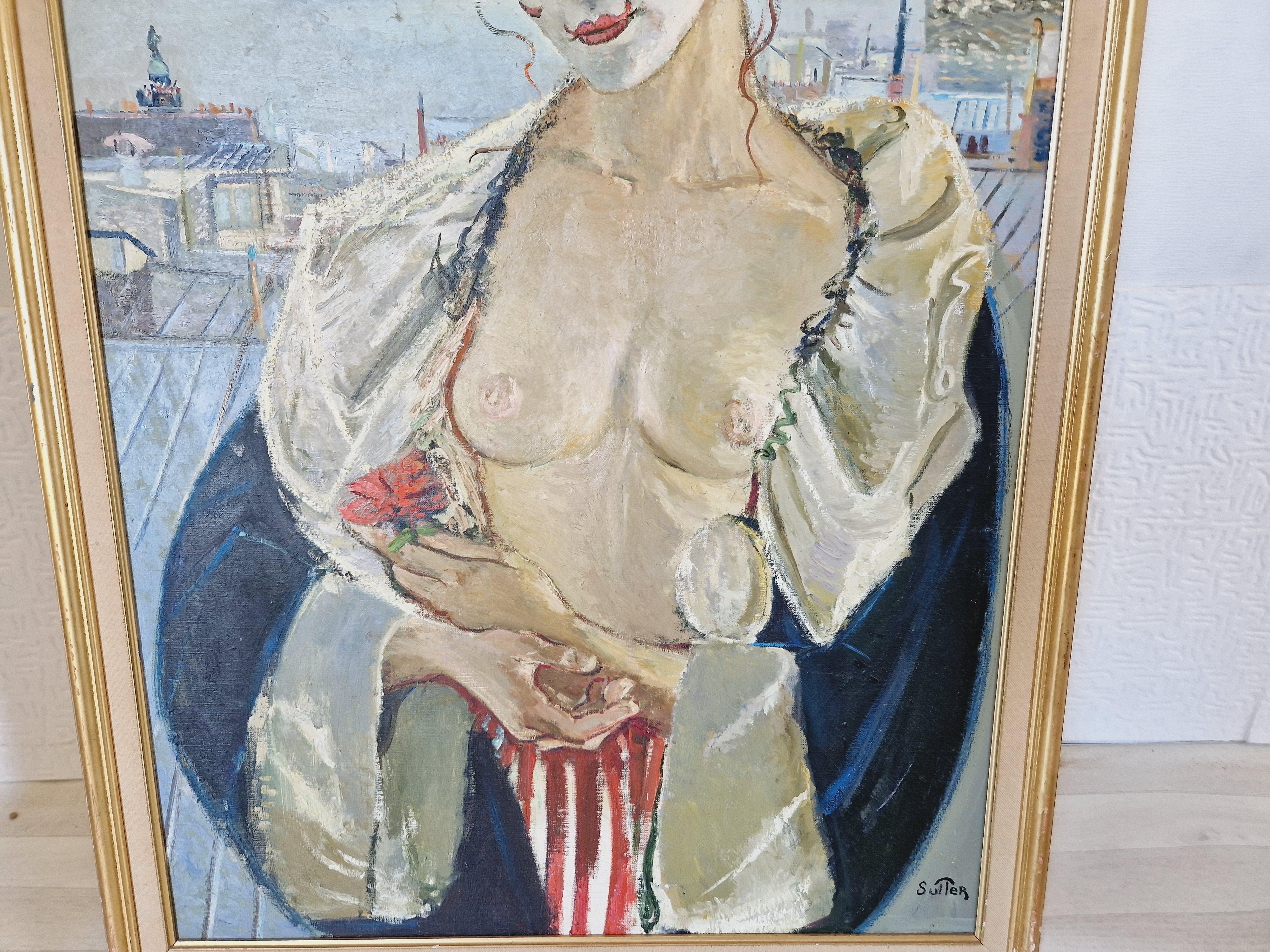 Pintura al óleo femenina de mediados de siglo sobre lienzo Mme Paris en venta 1