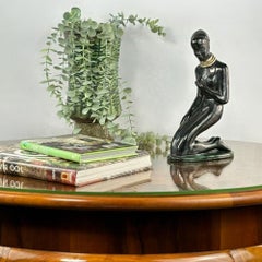 Mid-century female sculpture with silk black, turquoise, gold shade by Izsépy