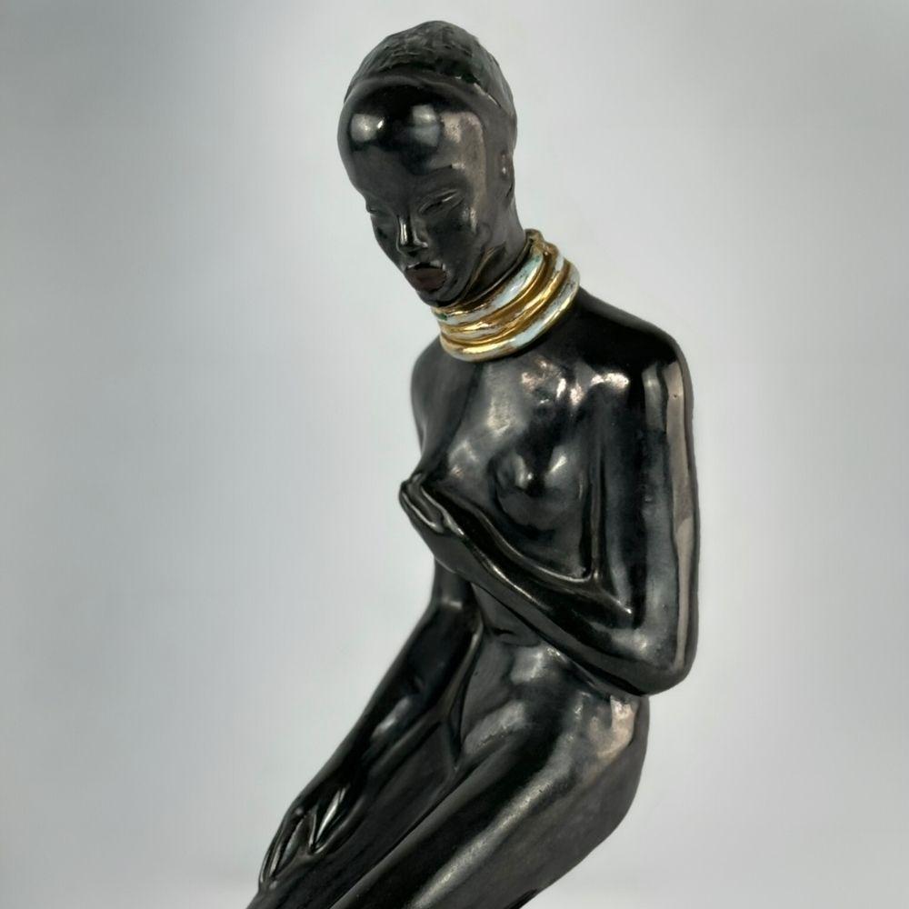 Hungarian Mid-century female sculpture with silk black, turquoise, gold shade by Izsépy For Sale