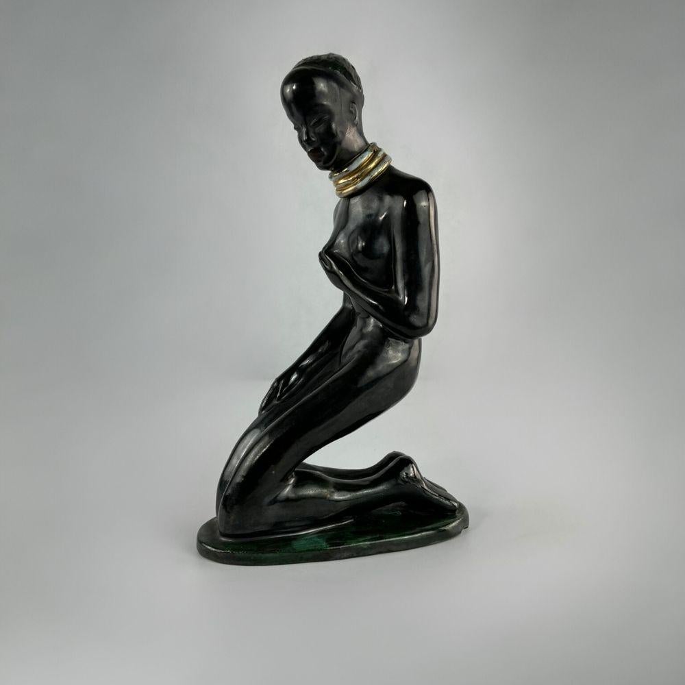 Glazed Mid-century female sculpture with silk black, turquoise, gold shade by Izsépy For Sale
