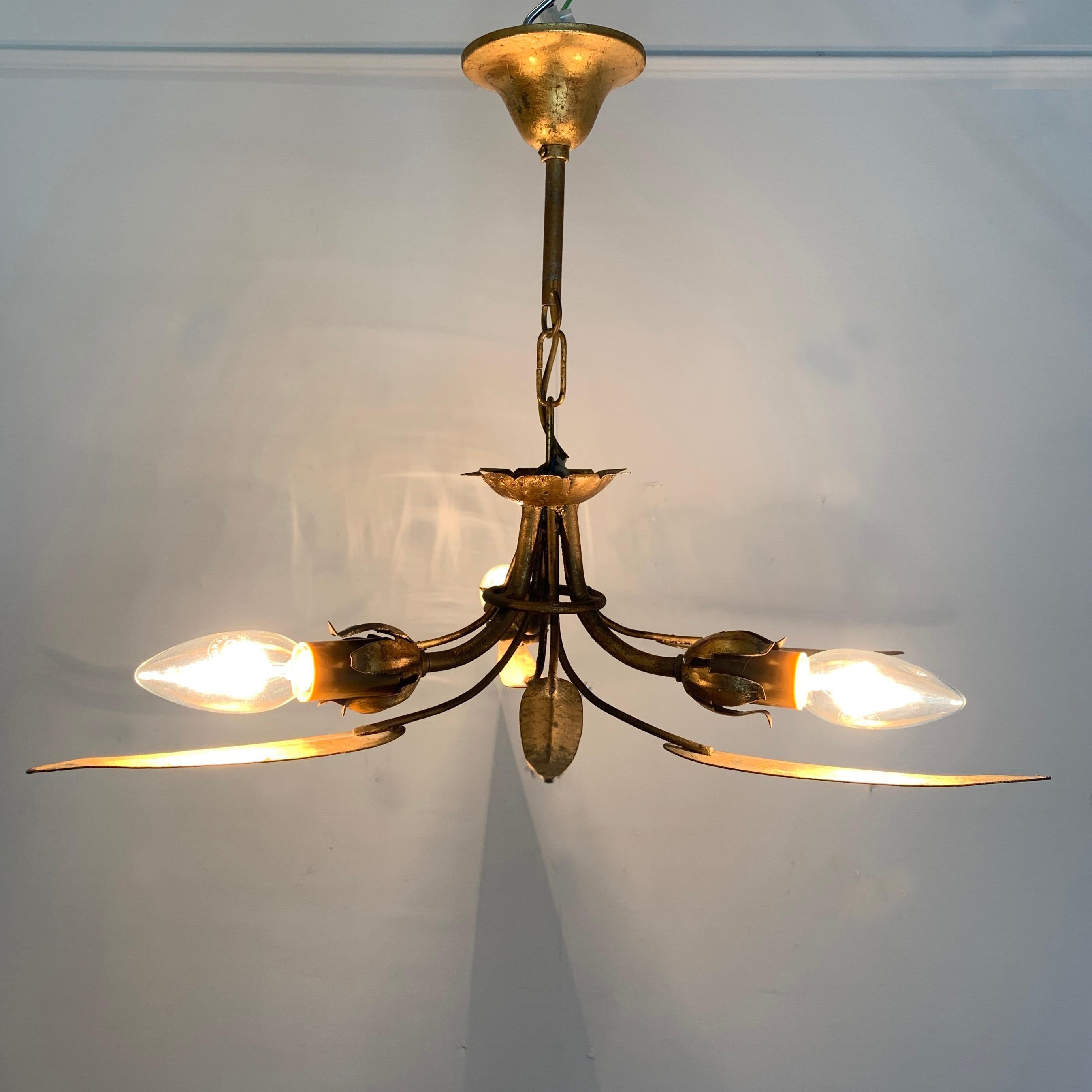 Mid-Century Modern Midcentury 'Ferro Art' Gold Leaf Ceiling Light For Sale