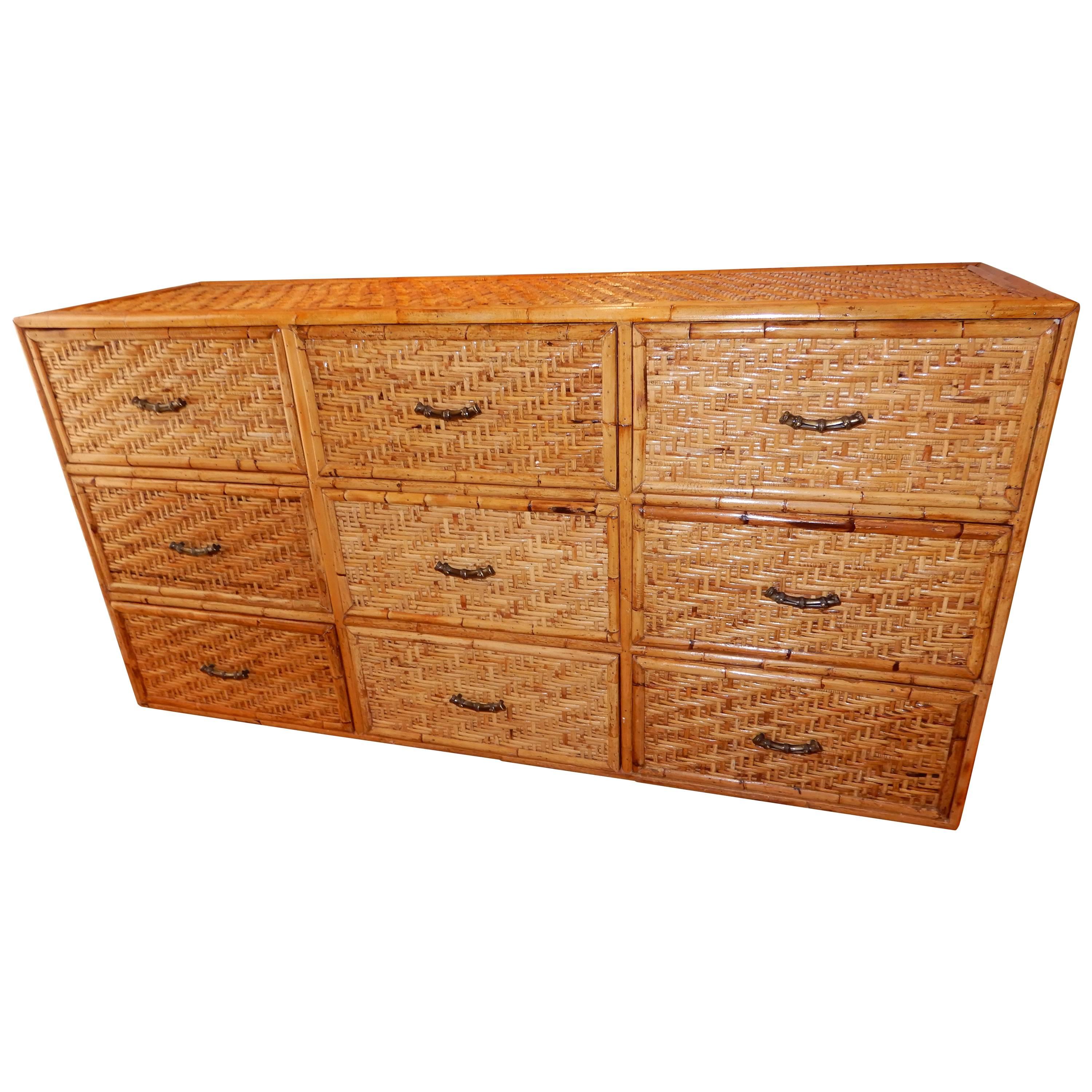 Mid Century Ficks and Reed Nine Drawer Bamboo and Wicker Dresser or Commode