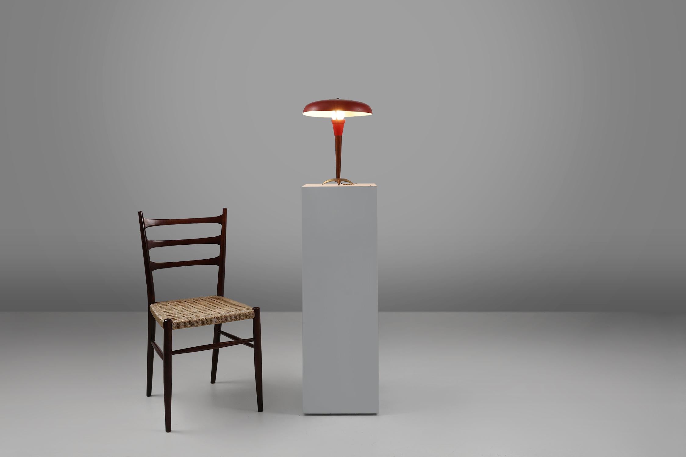 France / 1950 / desk lamp / teak wood, metal, brass / Mid-century / Vintage

Beautiful 50s design table lamp or desk lamp. Designed in France in the 1950s. This sleek red lamp has a brass tripod, a teakwood stand and a metal shade. Some small signs