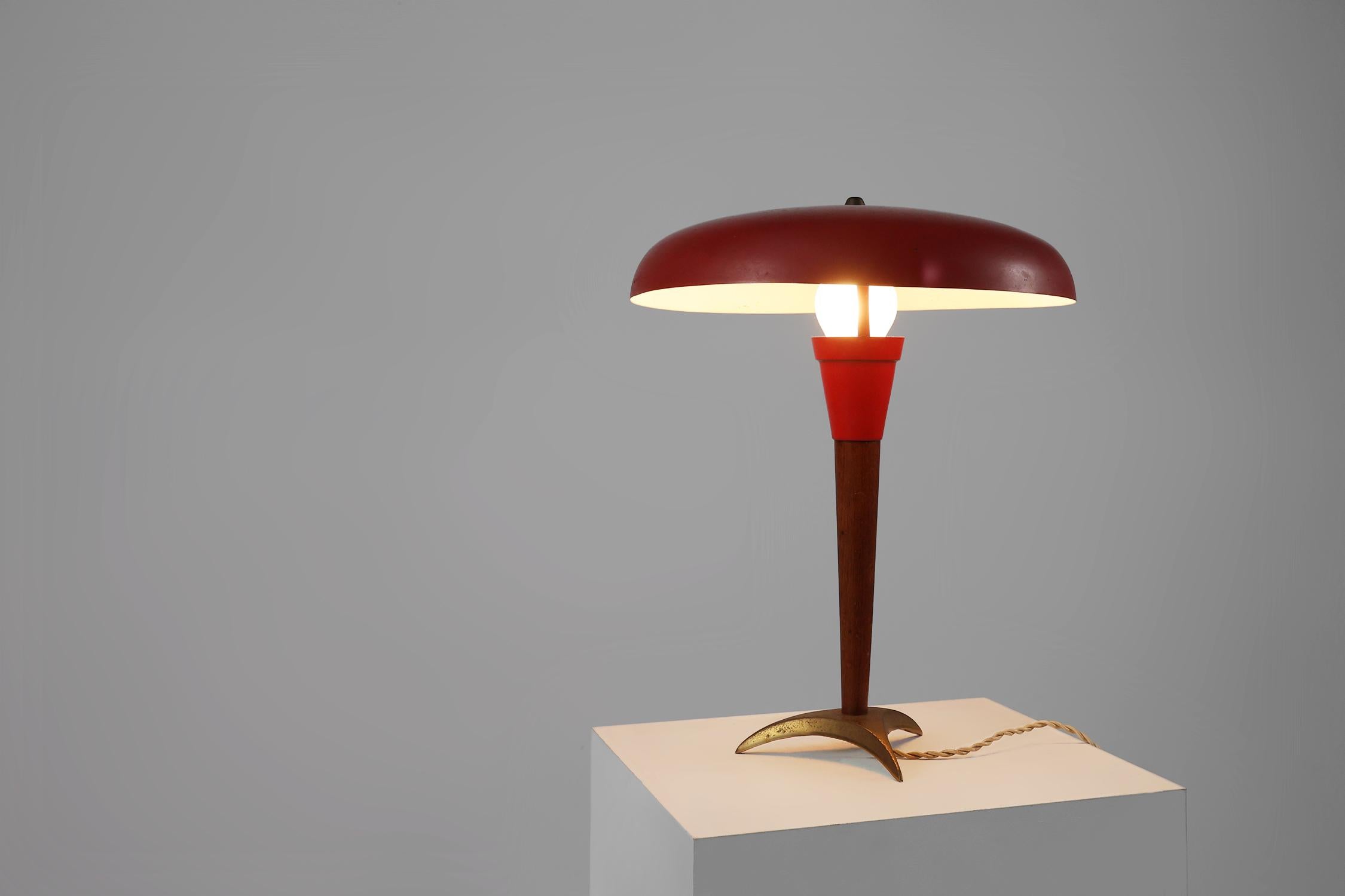 Mid-Century Modern Mid-century fifties red desk lamp in metal, brass and teak wood, France