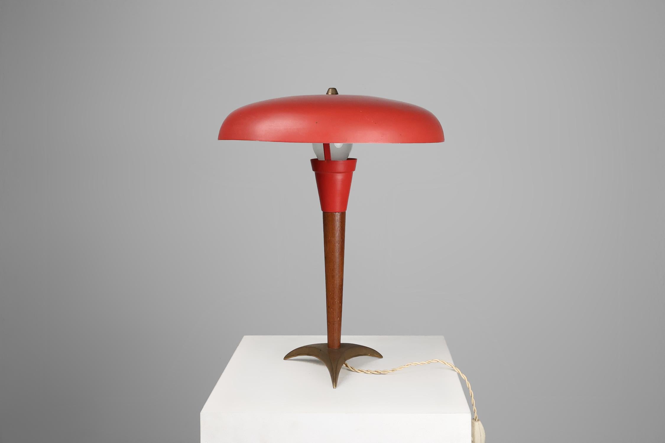 Mid-20th Century Mid-century fifties red desk lamp in metal, brass and teak wood, France