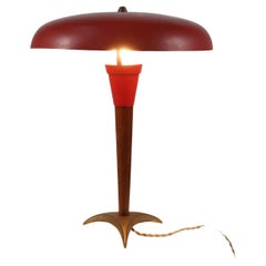 Mid-century fifties red desk lamp in metal, brass and teak wood, France