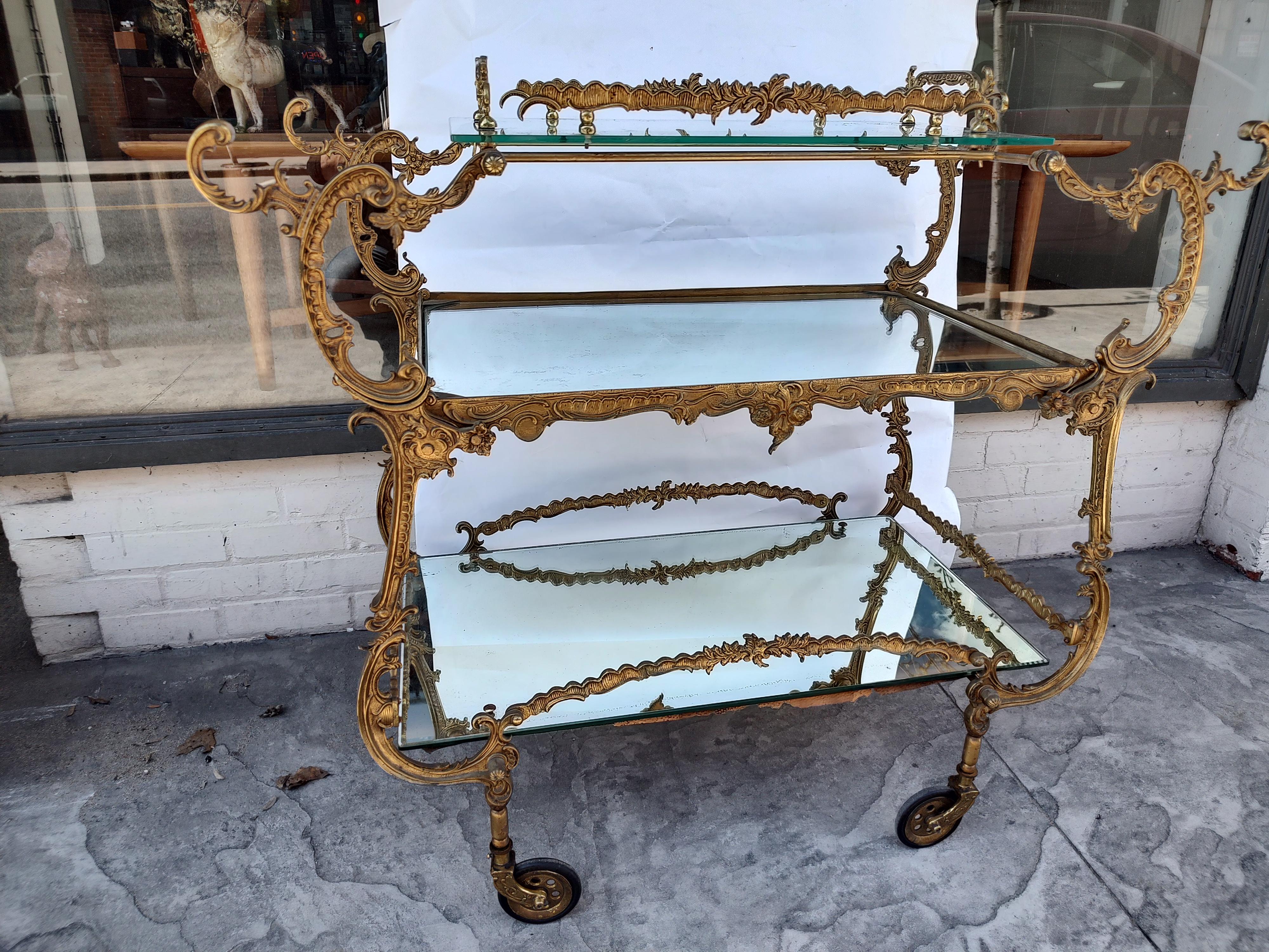 Mid-Century Figural Cast Brass Bar Serving Cart with Lift off Tray 9