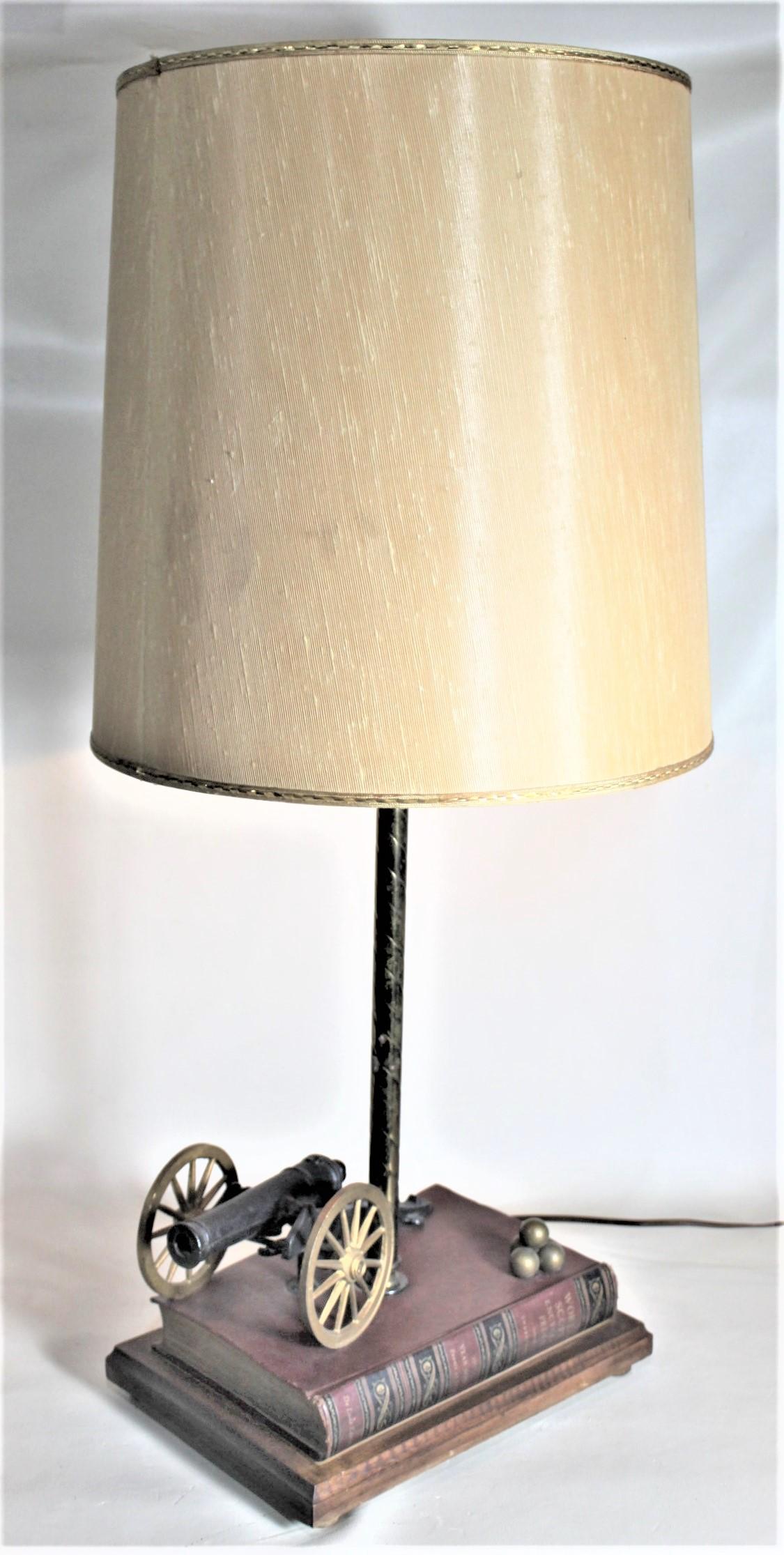 Mid-Century Modern Midcentury Figural Cast Iron Canon and Leather Book Table or Desk Lamp For Sale