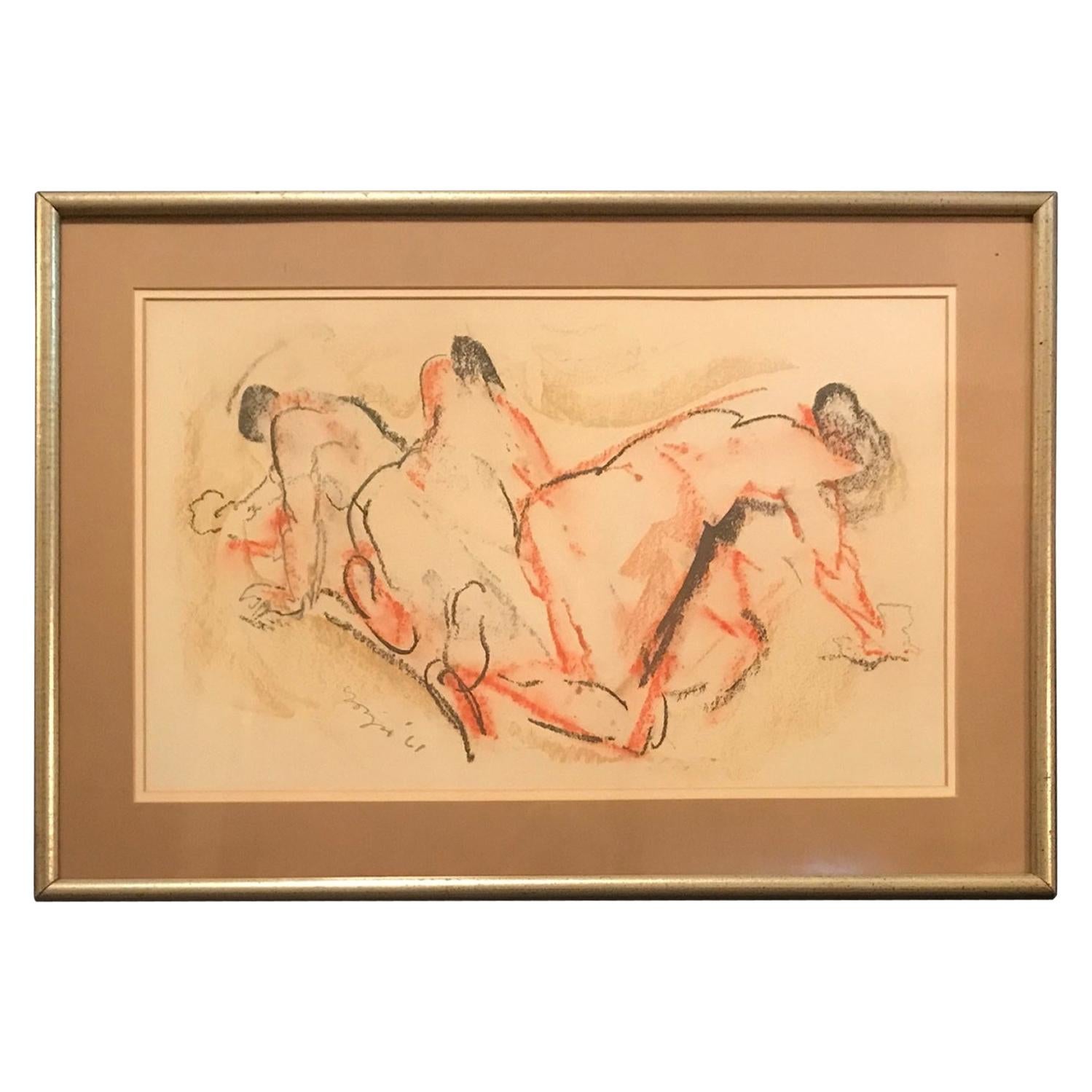 Midcentury Figural Conte de Crayon Drawing by Moses Soyer, 1961