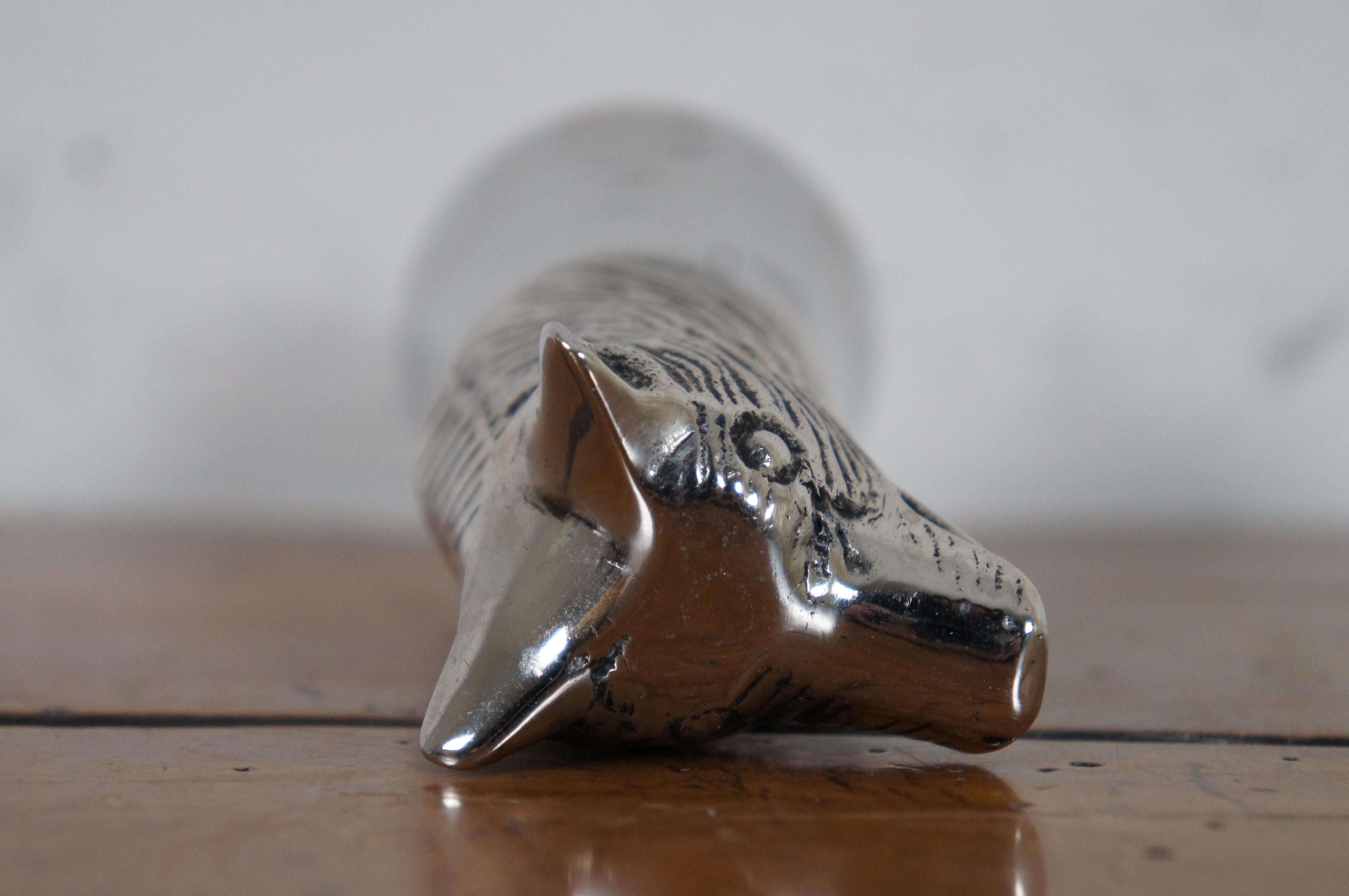 20th Century Mid-Century Figural Silver Plate Wolf Head Jigger Barware Shot Glass Stirrup Cup
