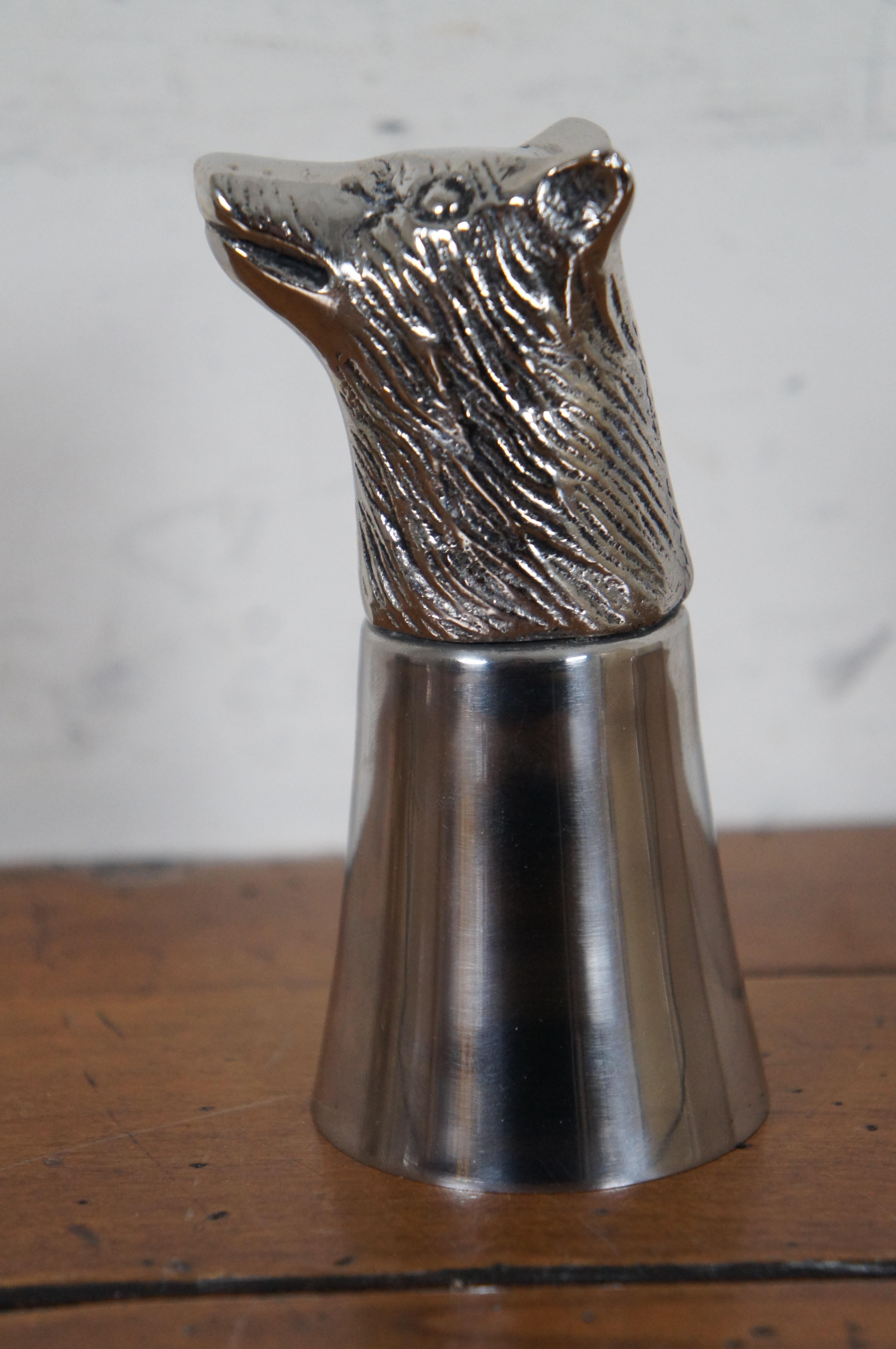 Mid-Century Figural Silver Plate Wolf Head Jigger Barware Shot Glass Stirrup Cup 1