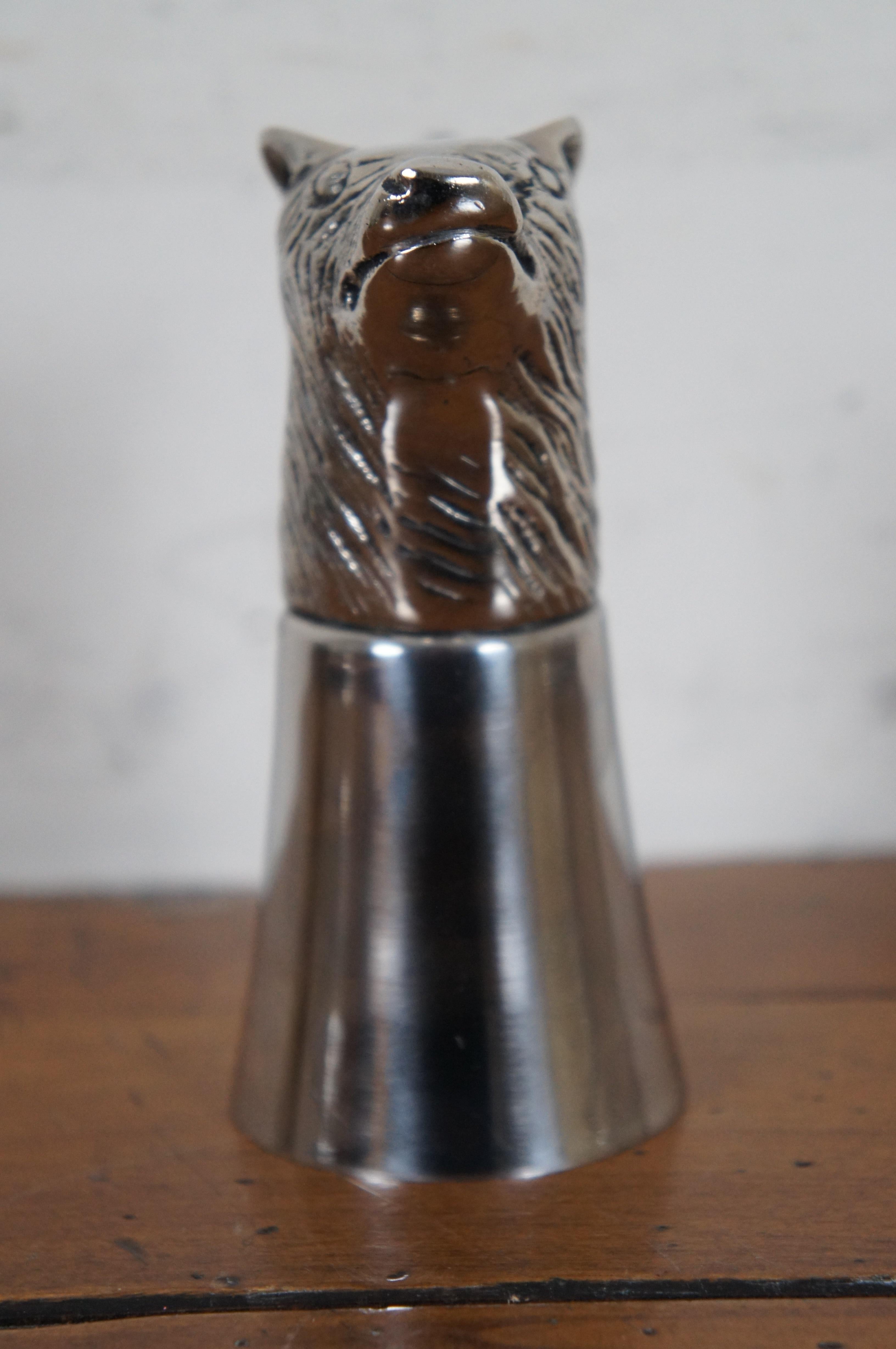 Mid-Century Figural Silver Plate Wolf Head Jigger Barware Shot Glass Stirrup Cup 2