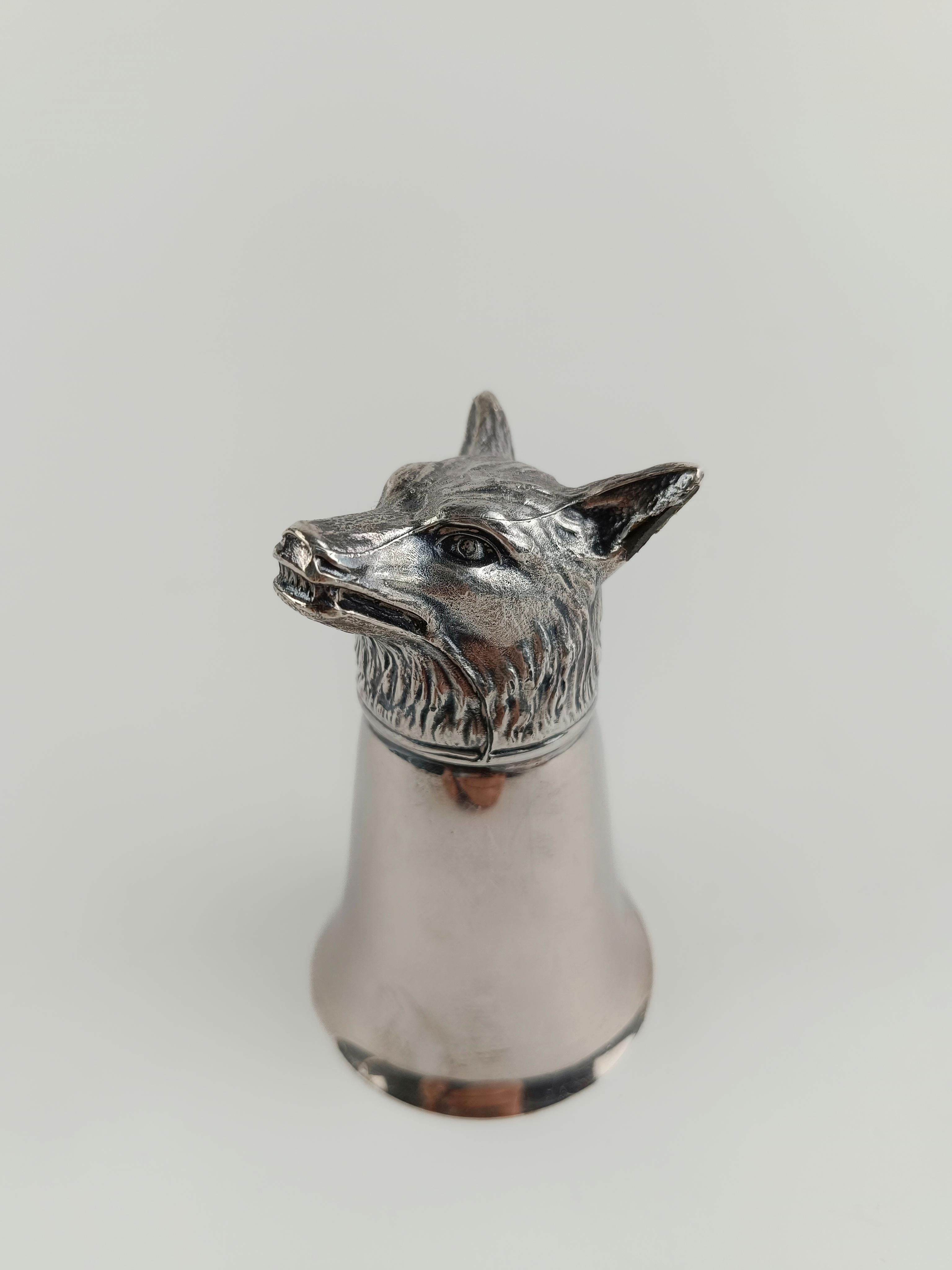 Midcentury Figural Silver Plate Wolf Head Jigger Barware Stirrup Cup For Sale 1