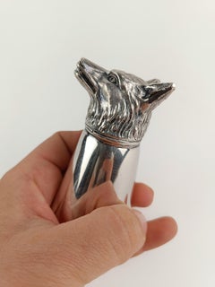 Midcentury Figural Silver Plate Wolf Head Jigger Barware Stirrup Cup
