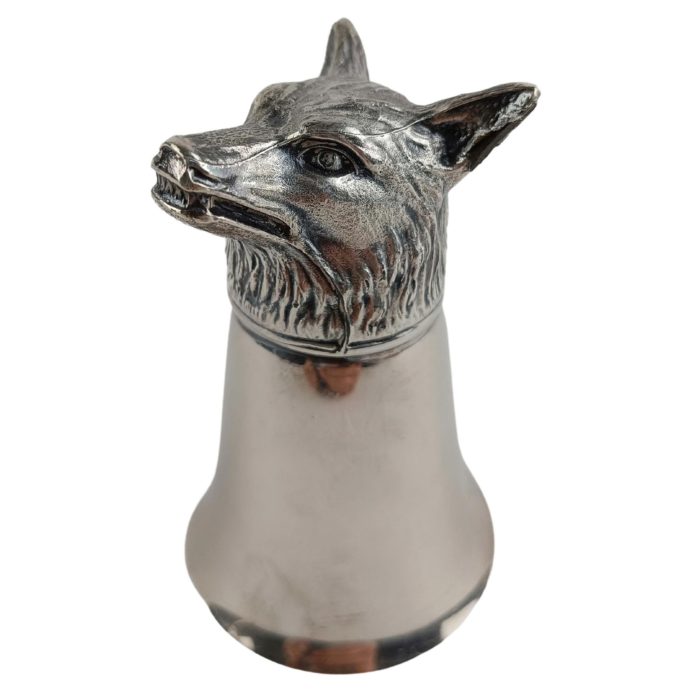 Midcentury Figural Silver Plate Wolf Head Jigger Barware Stirrup Cup For Sale