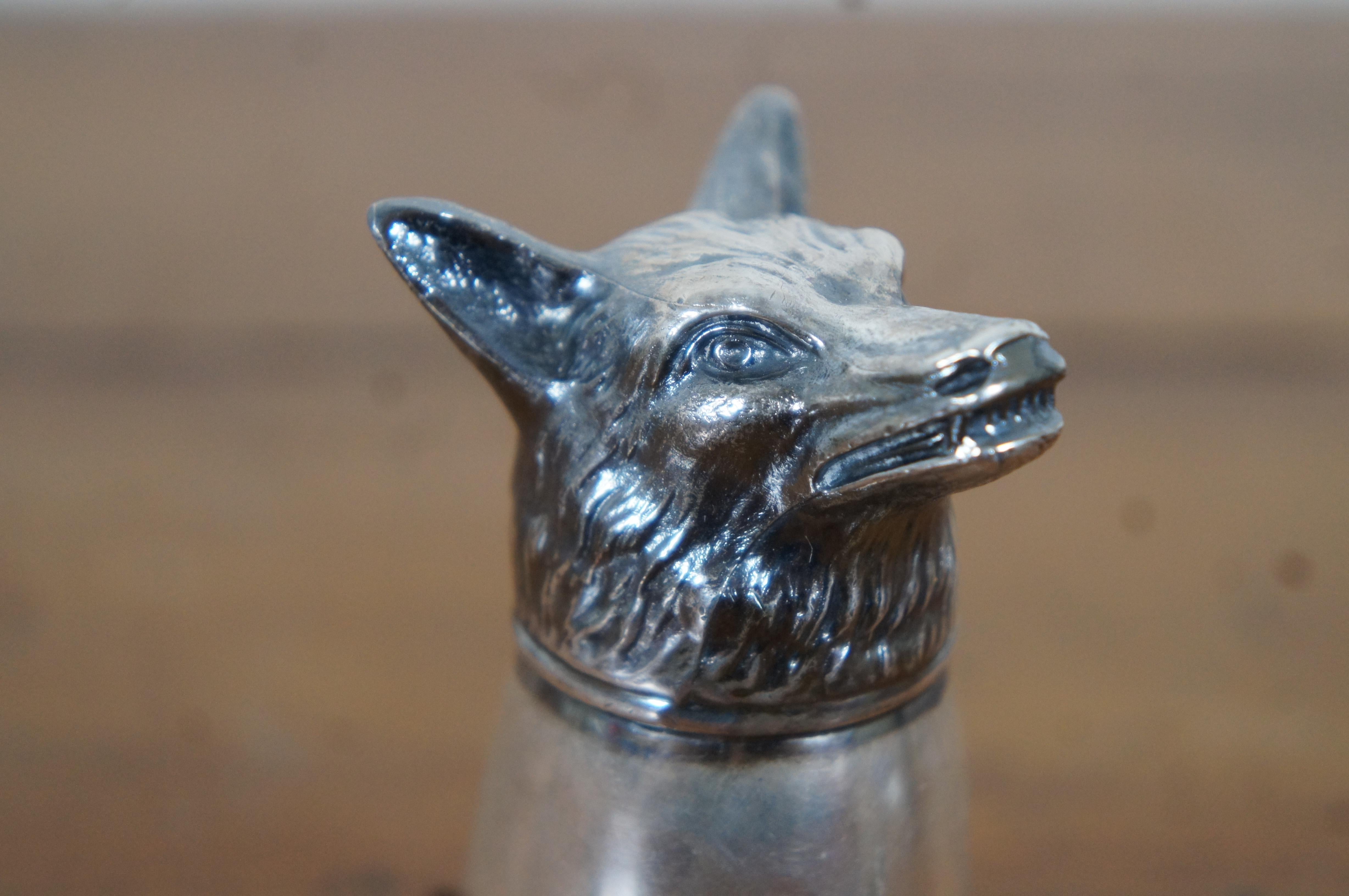 Midcentury Figural Silver Plate Wolf Head Jigger Barware Stirrup Cup Monogram 4