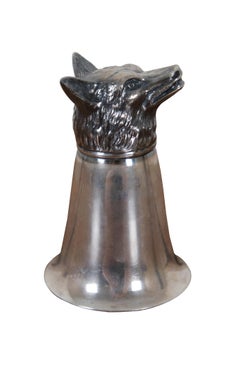 Midcentury Figural Silver Plate Wolf Head Jigger Barware Stirrup Cup Monogram