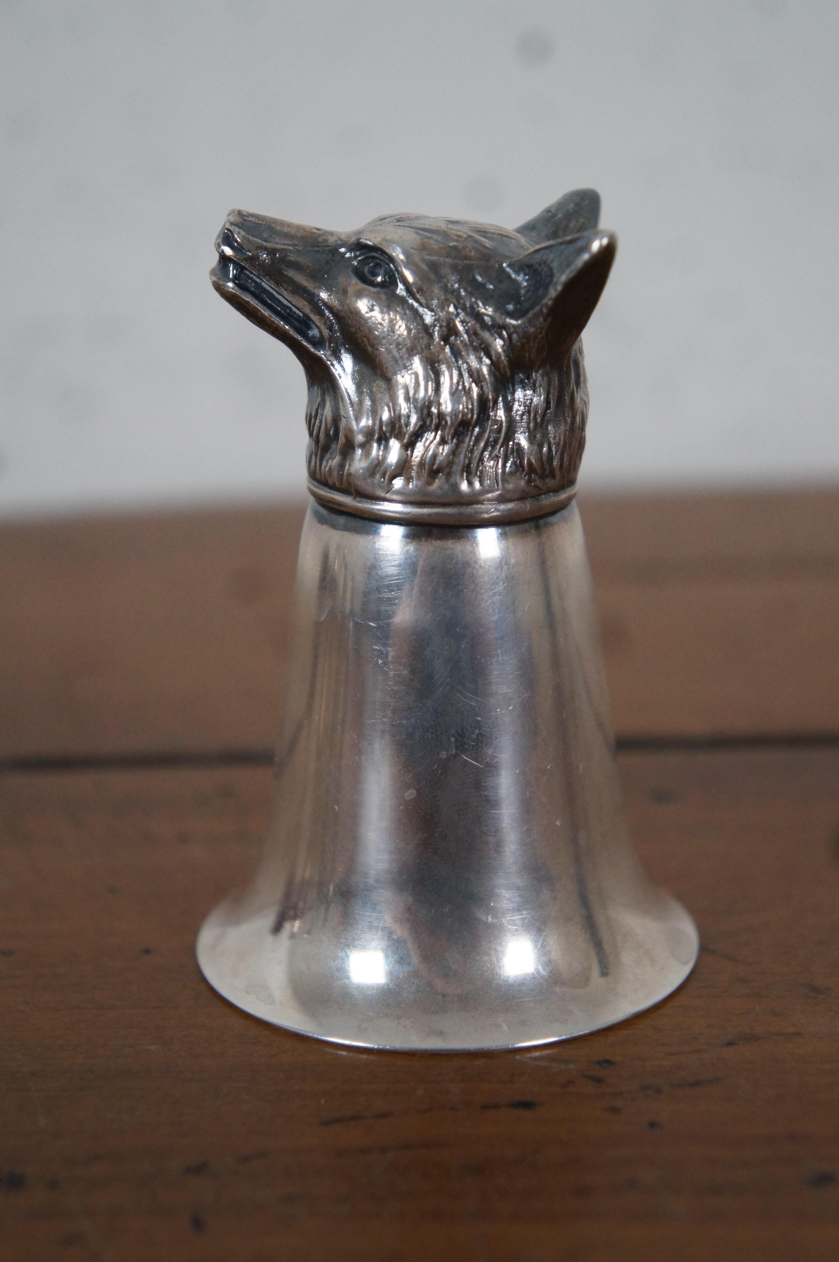 Metal Midcentury Figural Silver Plate Wolf Head Jigger Barware Stirrup Cup Monogram