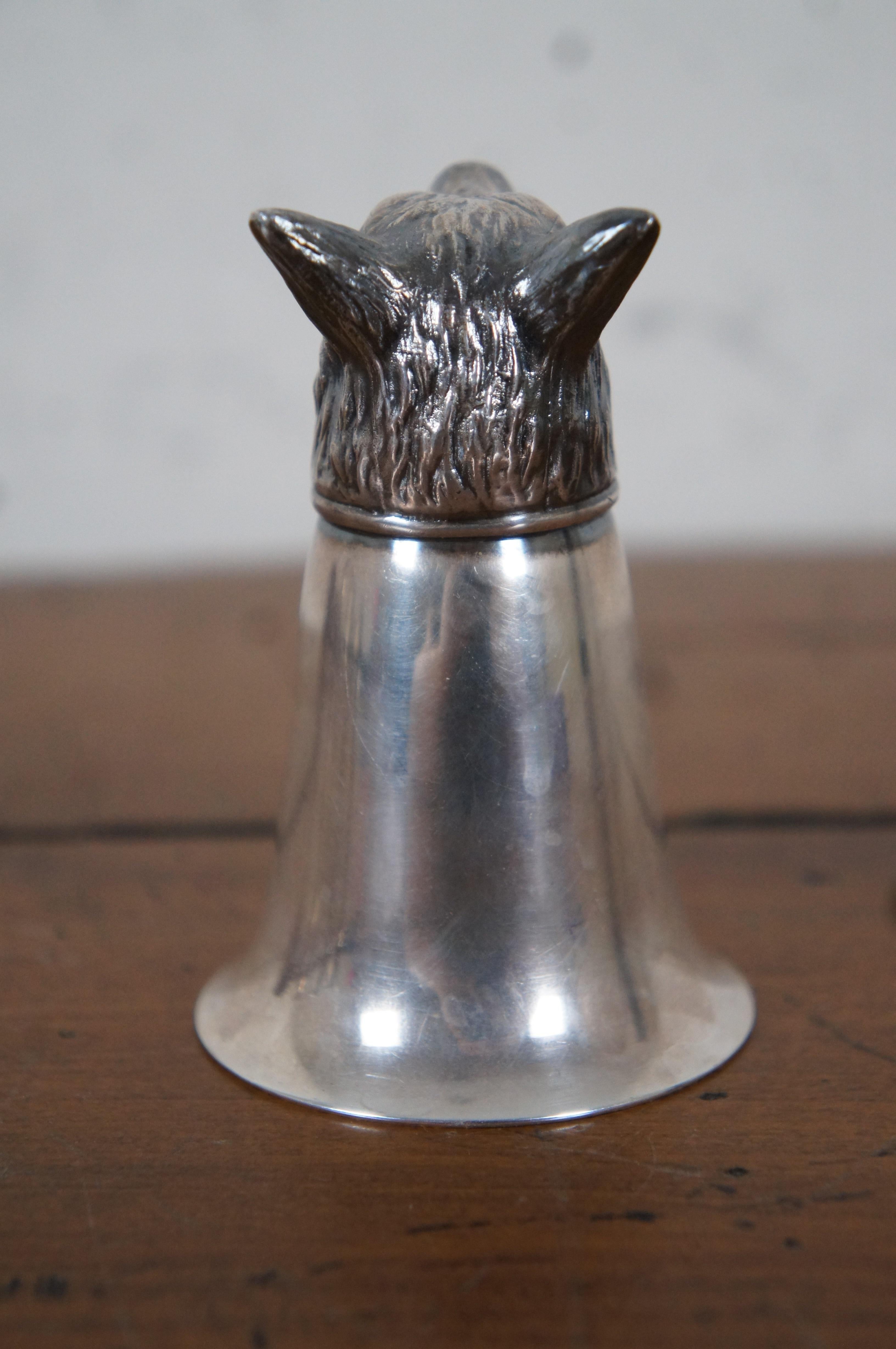 Midcentury Figural Silver Plate Wolf Head Jigger Barware Stirrup Cup Monogram 1